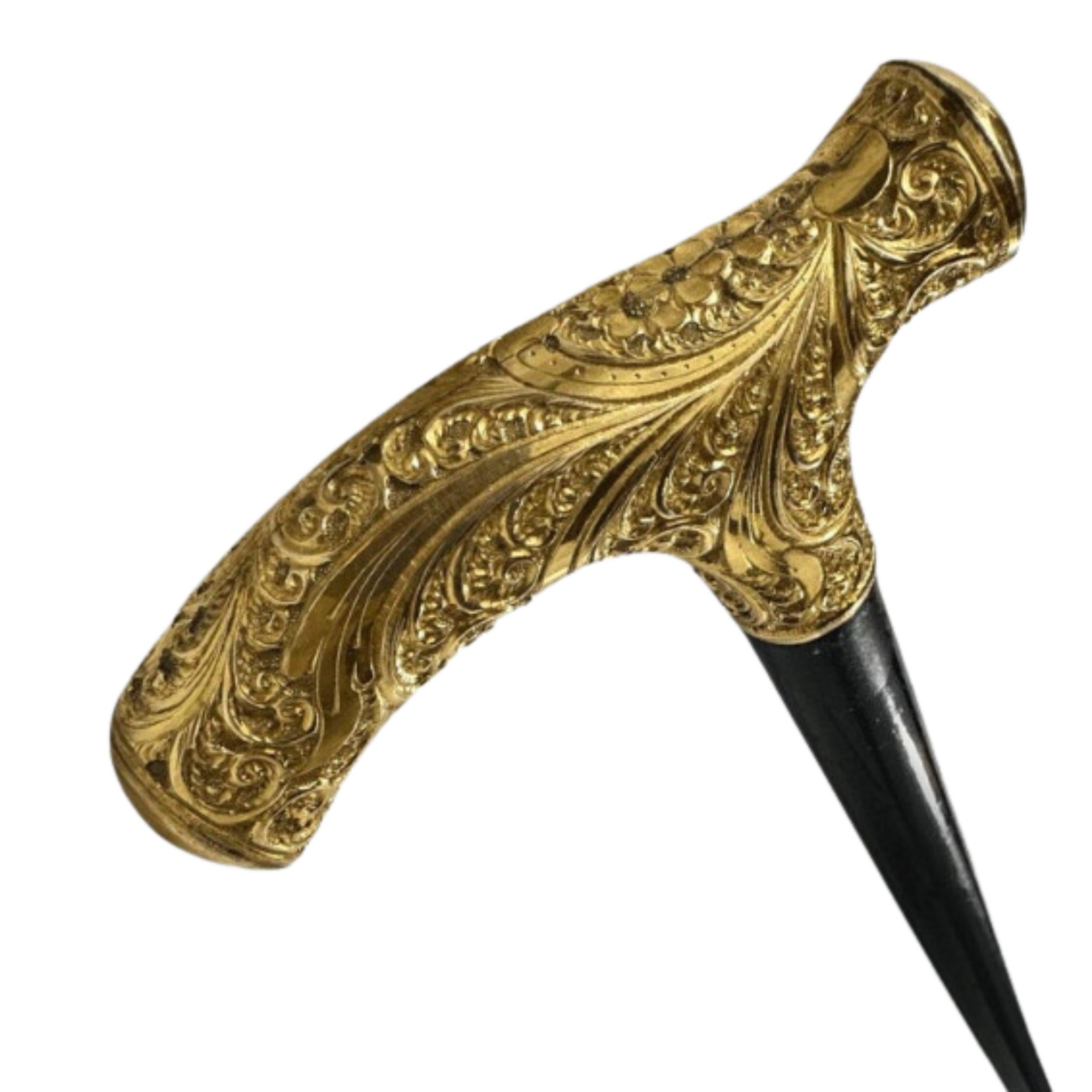 Antique Gold Plate Handle Walking Cane Wooden Walking Stick For Men For Sale 1