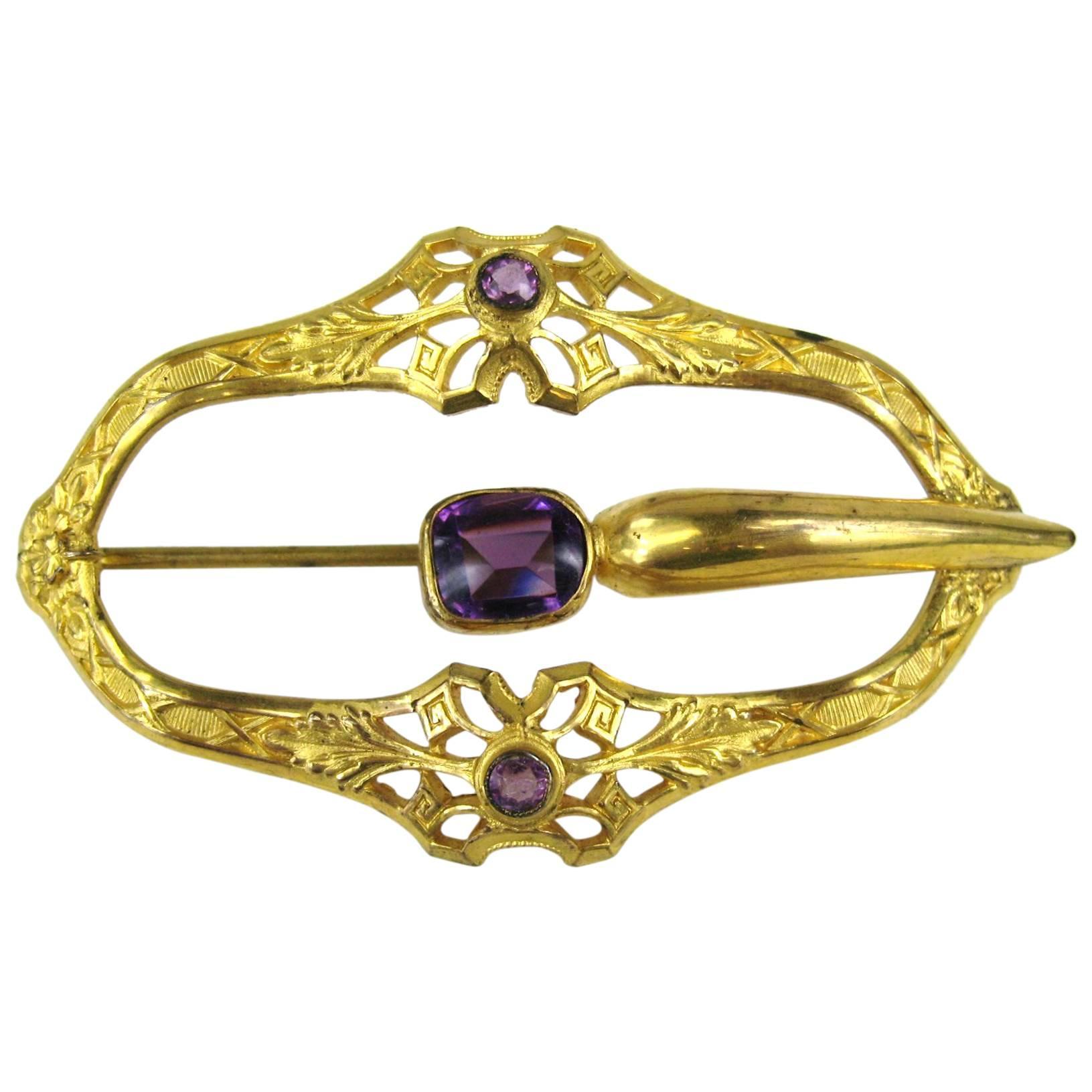 Antique Gold plated Amethyst belt buckle In Good Condition For Sale In Wallkill, NY