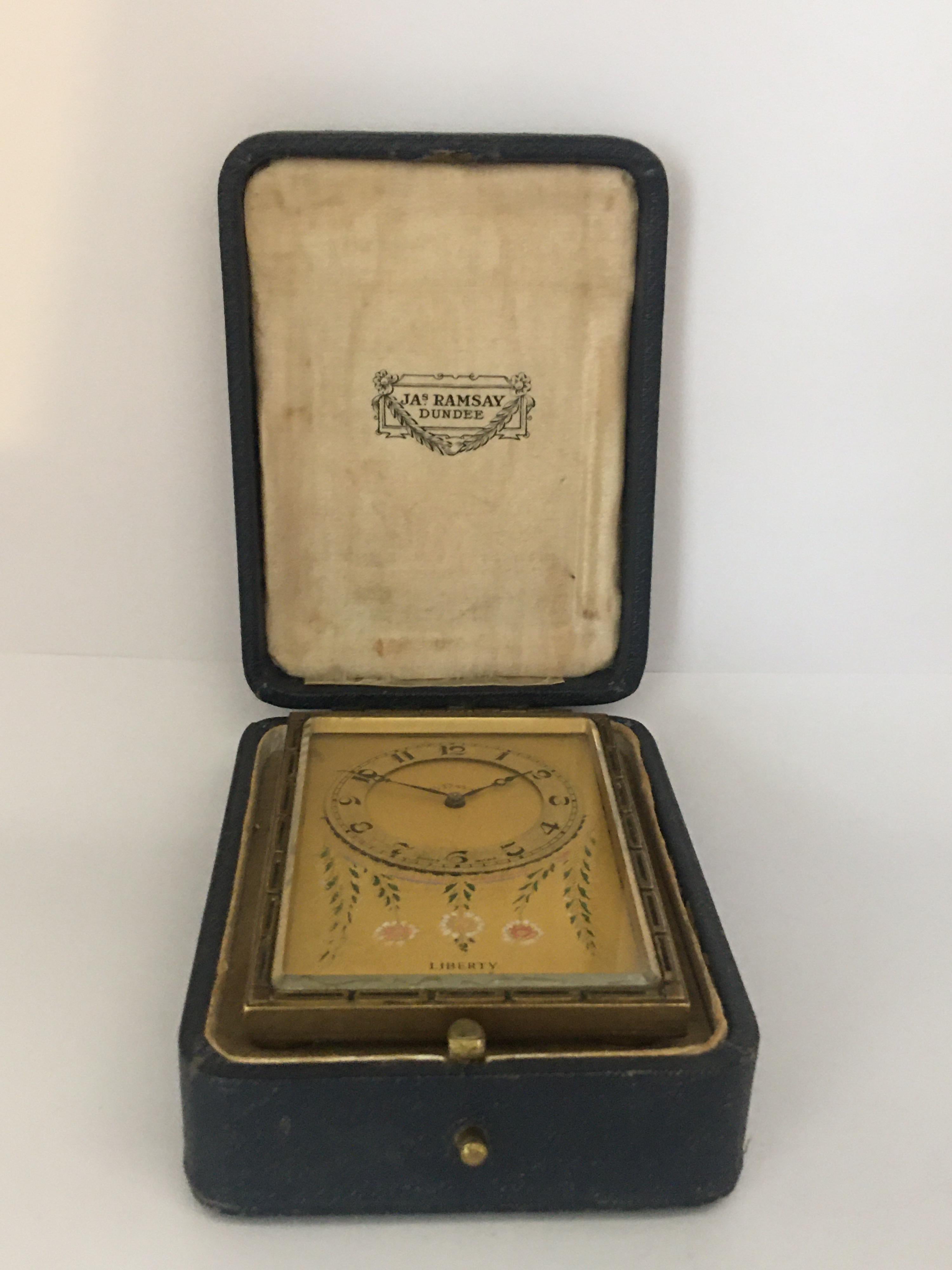 Antique Gold Plated and Enamel 8 Days Desk / Travel Clock by Liberty London For Sale 7
