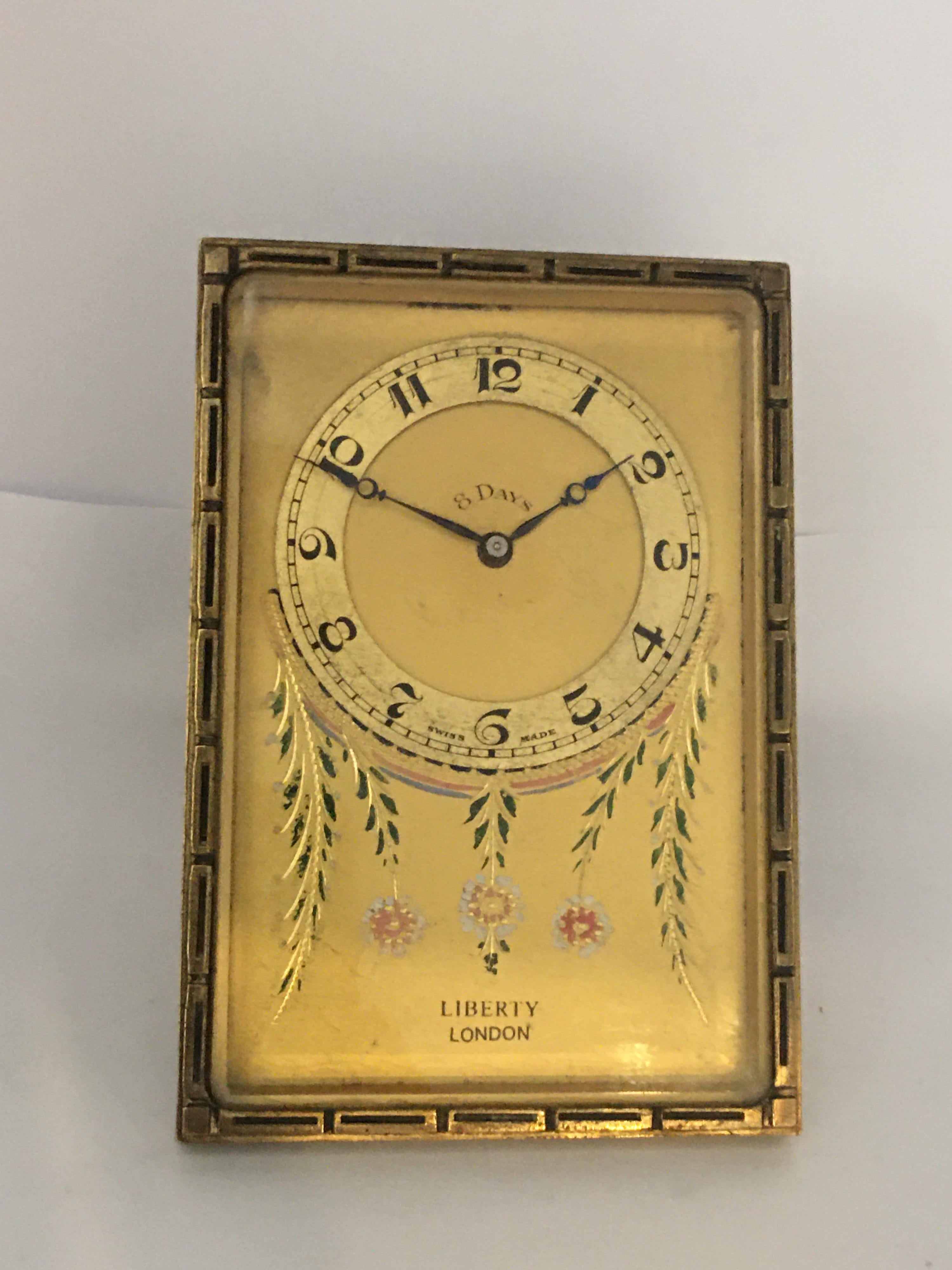 Antique Gold Plated and Enamel 8 Days Desk / Travel Clock by Liberty London For Sale 9