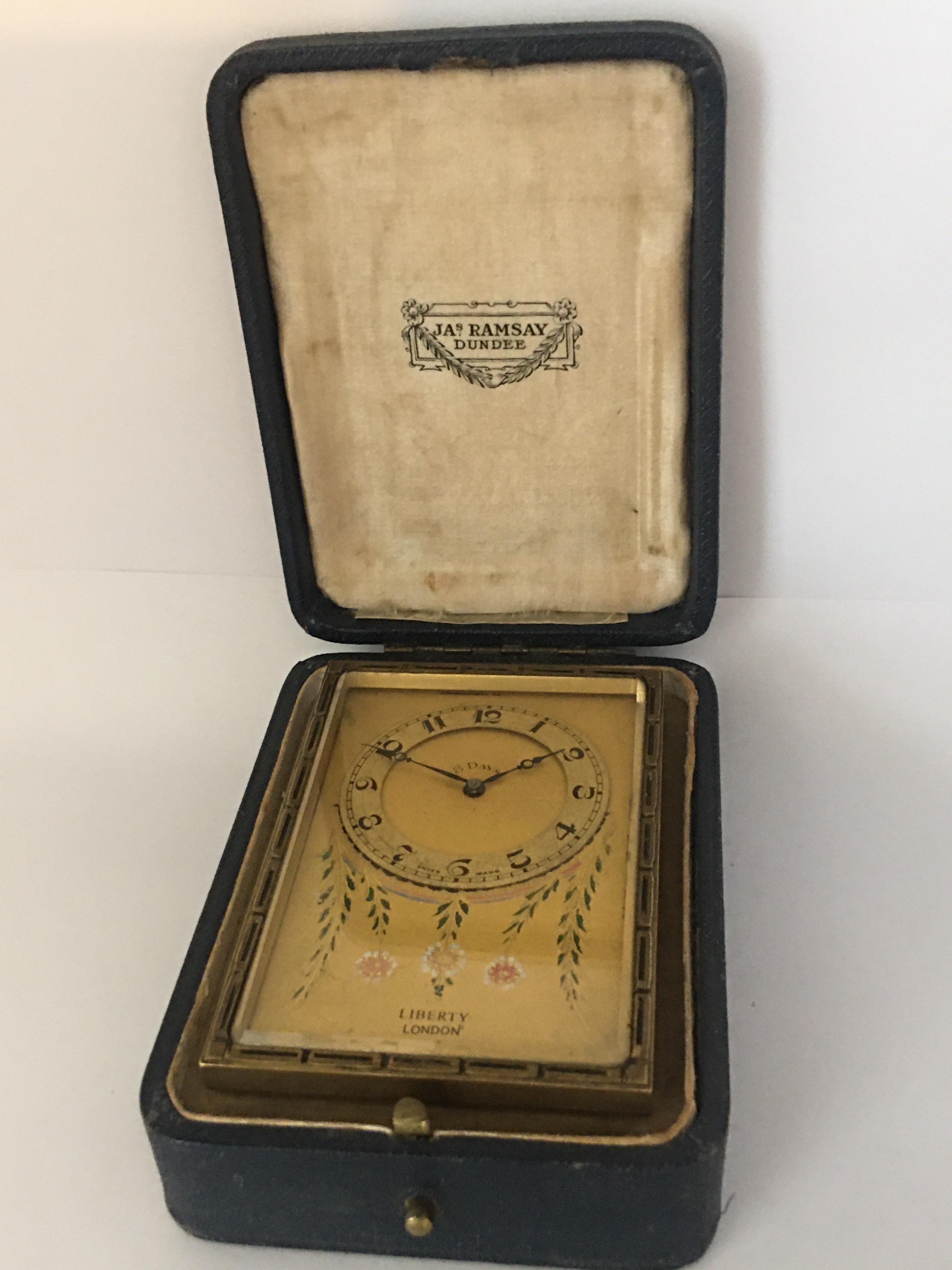Antique Gold Plated and Enamel 8 Days Desk / Travel Clock by Liberty London For Sale 2