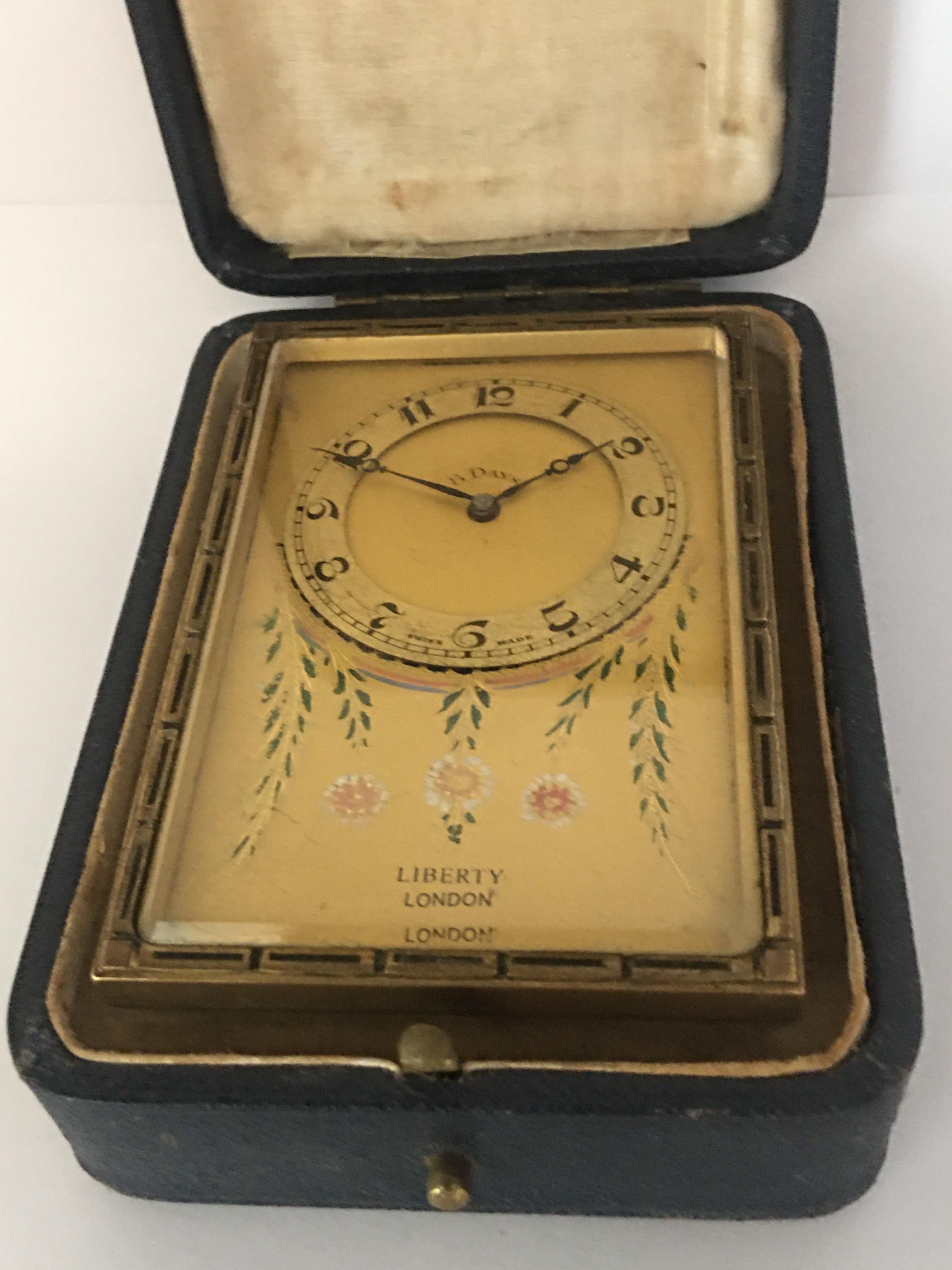 Antique Gold Plated and Enamel 8 Days Desk / Travel Clock by Liberty London For Sale 3