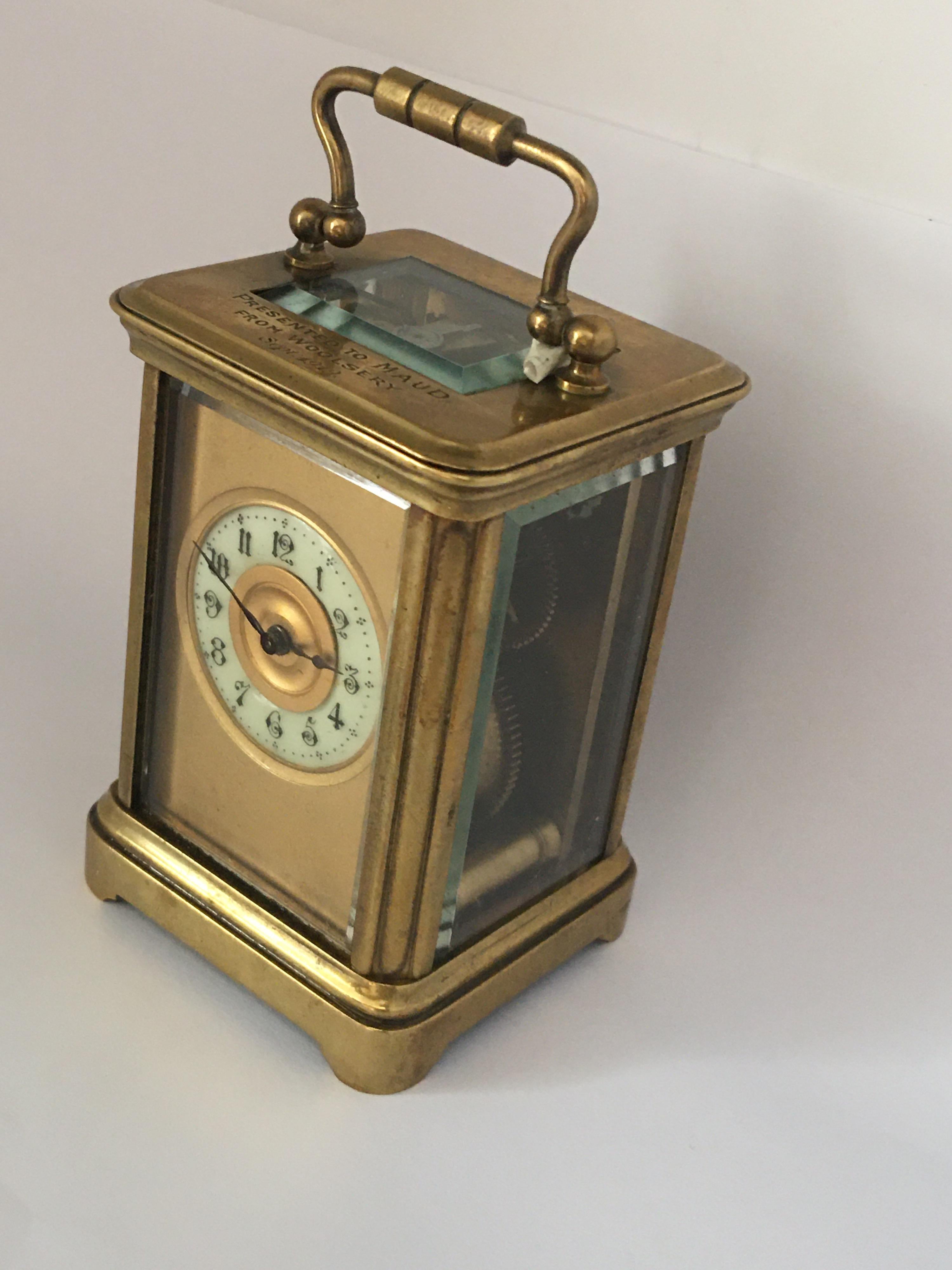 Antique Gold Plated and Glass Casing Miniature French Carriage Clock In Good Condition In London, Nottinghill