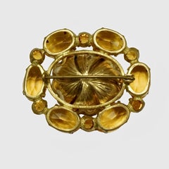 Antique Gold Plated Brooch with Amber Glass Stones and Peachy Pink Enamel Flower