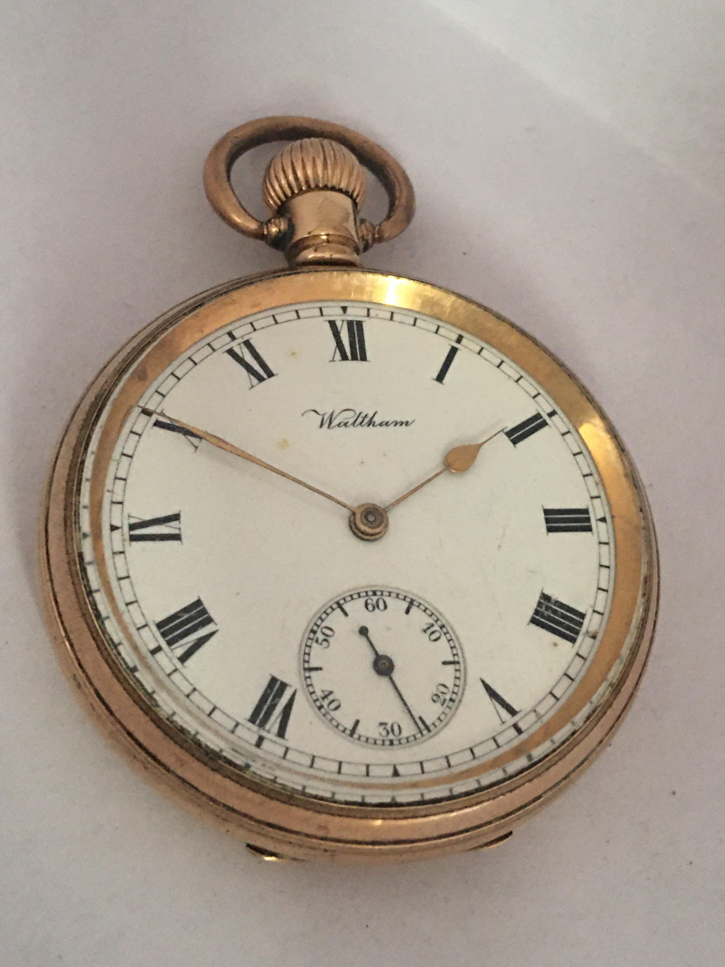 Antique Gold-Plated Dennison Case Hand-Winding Waltham Pocket Watch For Sale 5