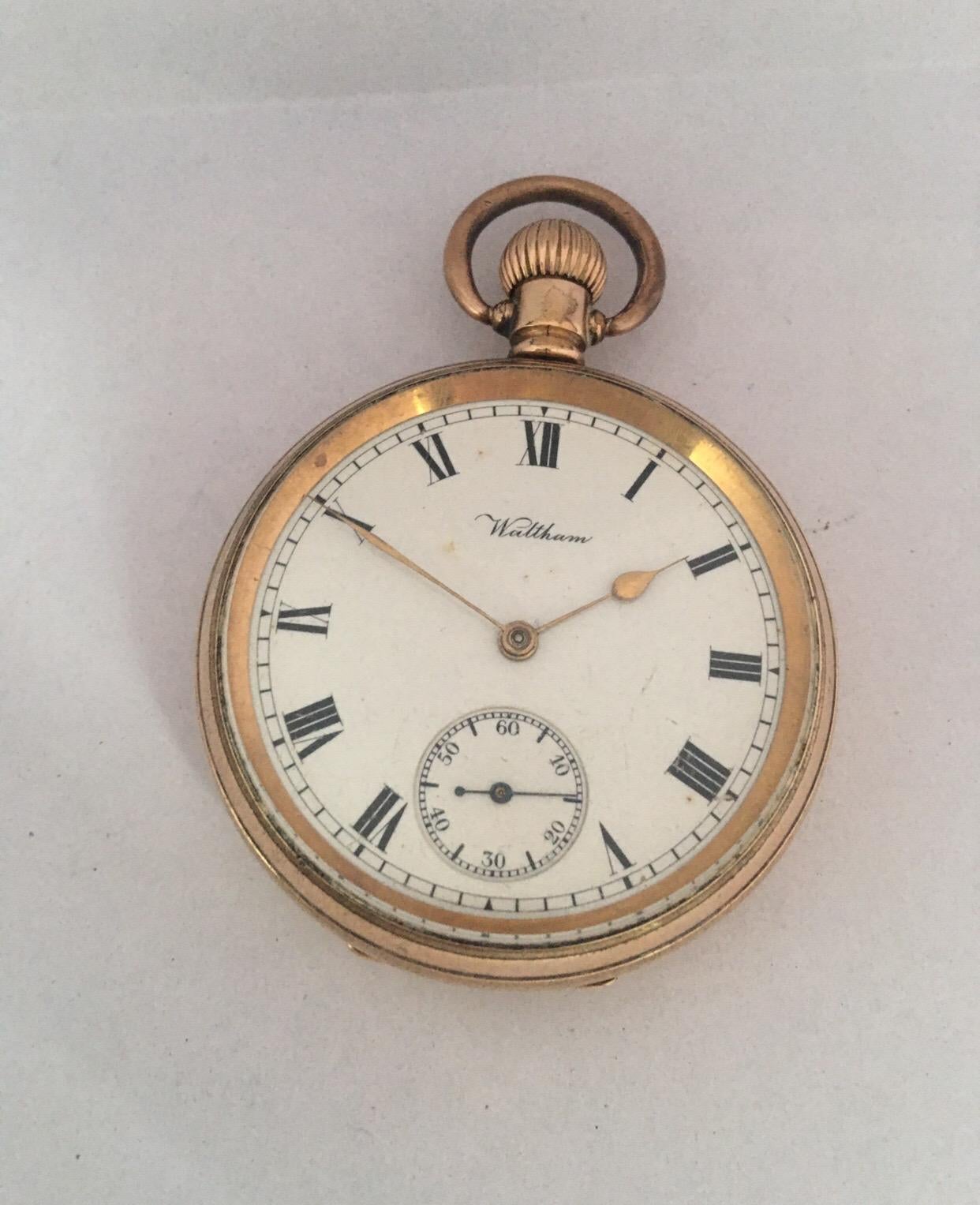 Antique Gold-Plated Dennison Case Hand-Winding Waltham Pocket Watch For Sale 8