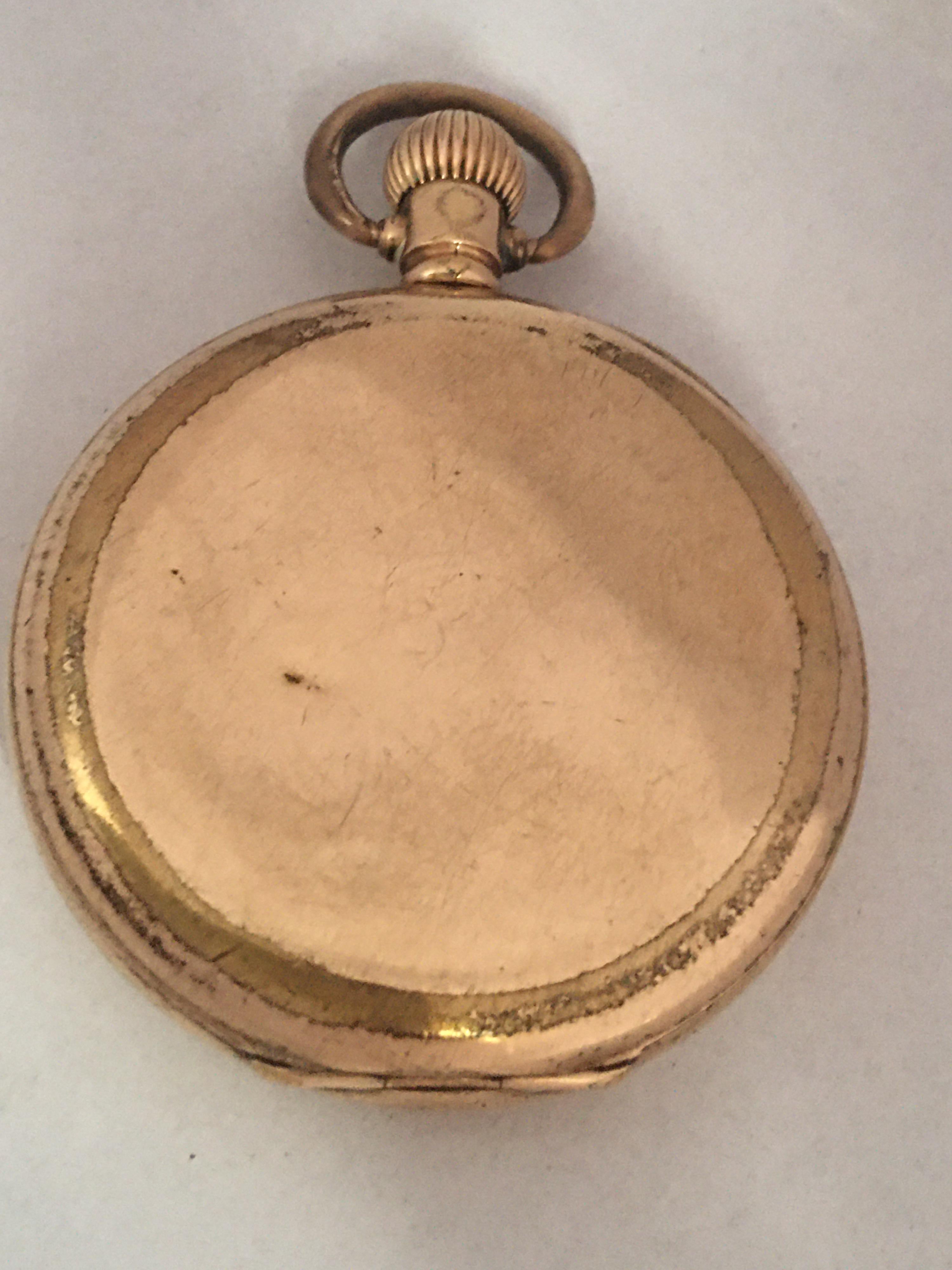 This beautiful antique 50mm diameter (excluding crown) Hand winding pocket watch is in good working condition and it is ticking well. Visible signs of ageing and wear with light marks on the glass and on the watch case as shown. Some dotted