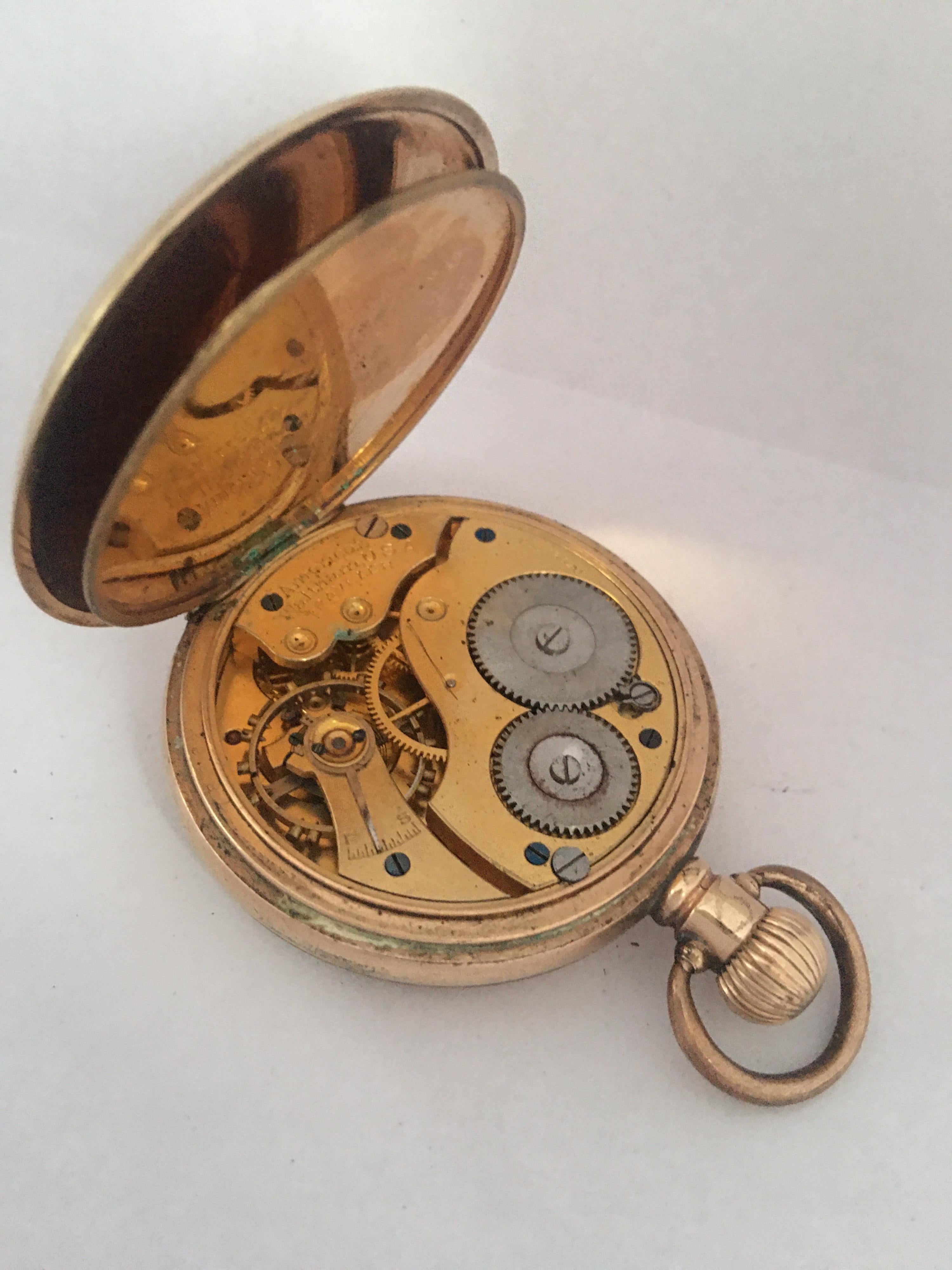 Antique Gold-Plated Dennison Case Hand-Winding Waltham Pocket Watch In Good Condition For Sale In Carlisle, GB