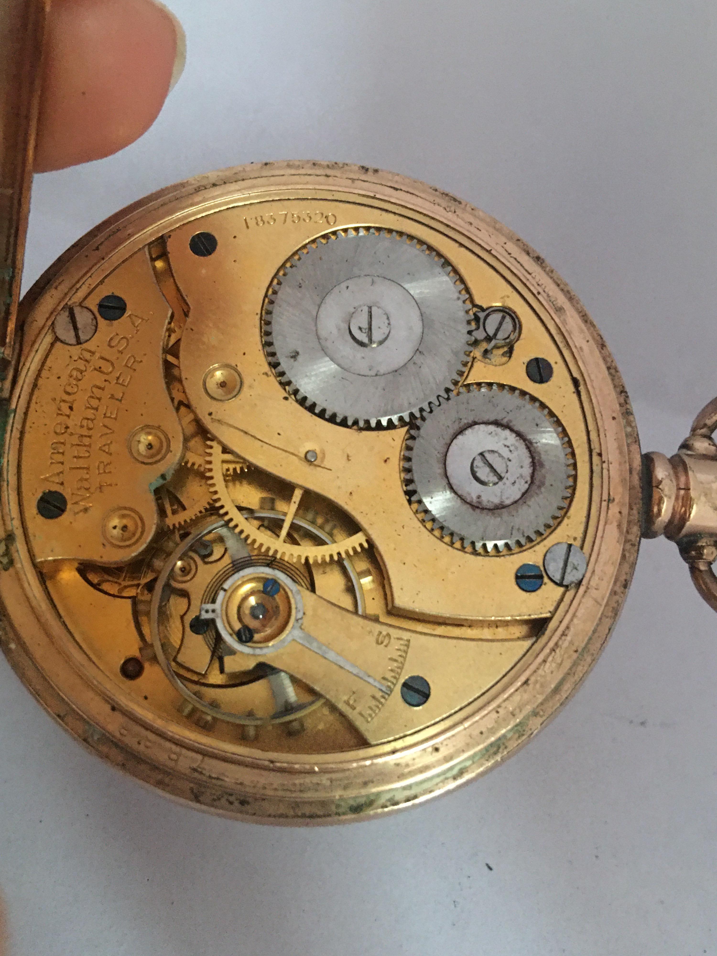 Women's or Men's Antique Gold-Plated Dennison Case Hand-Winding Waltham Pocket Watch For Sale