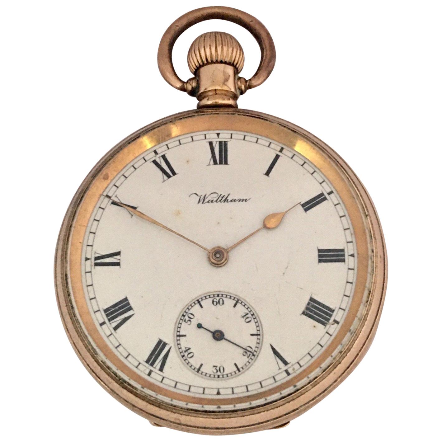 Antique Gold-Plated Dennison Case Hand-Winding Waltham Pocket Watch For Sale