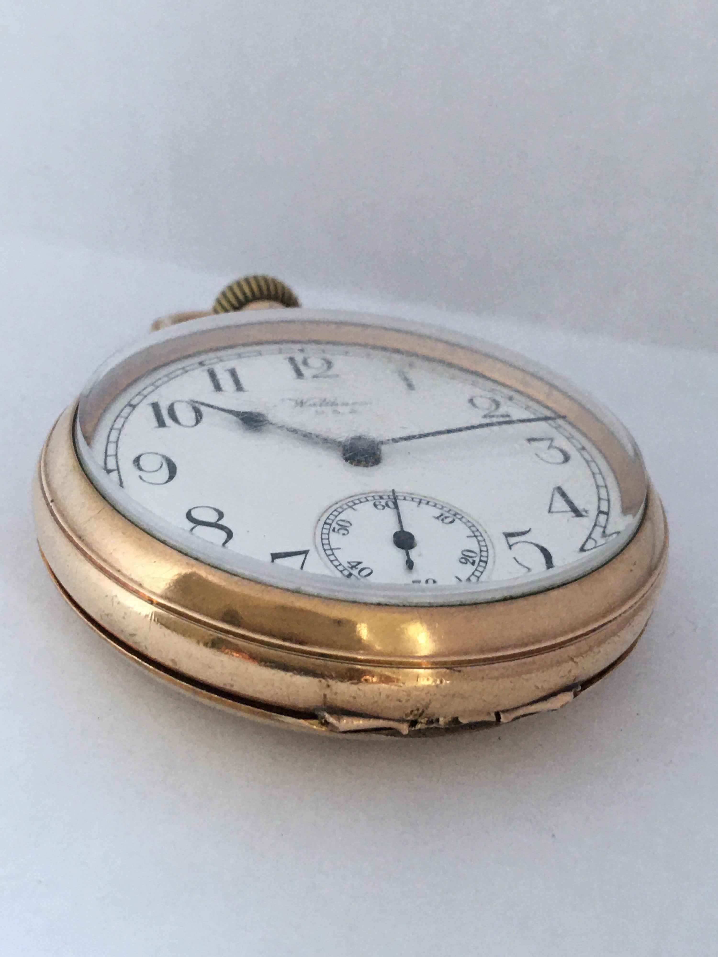 Antique Gold-Plated Dennison Case Waltham U.S.A Hand-Winding Pocket Watch For Sale 3