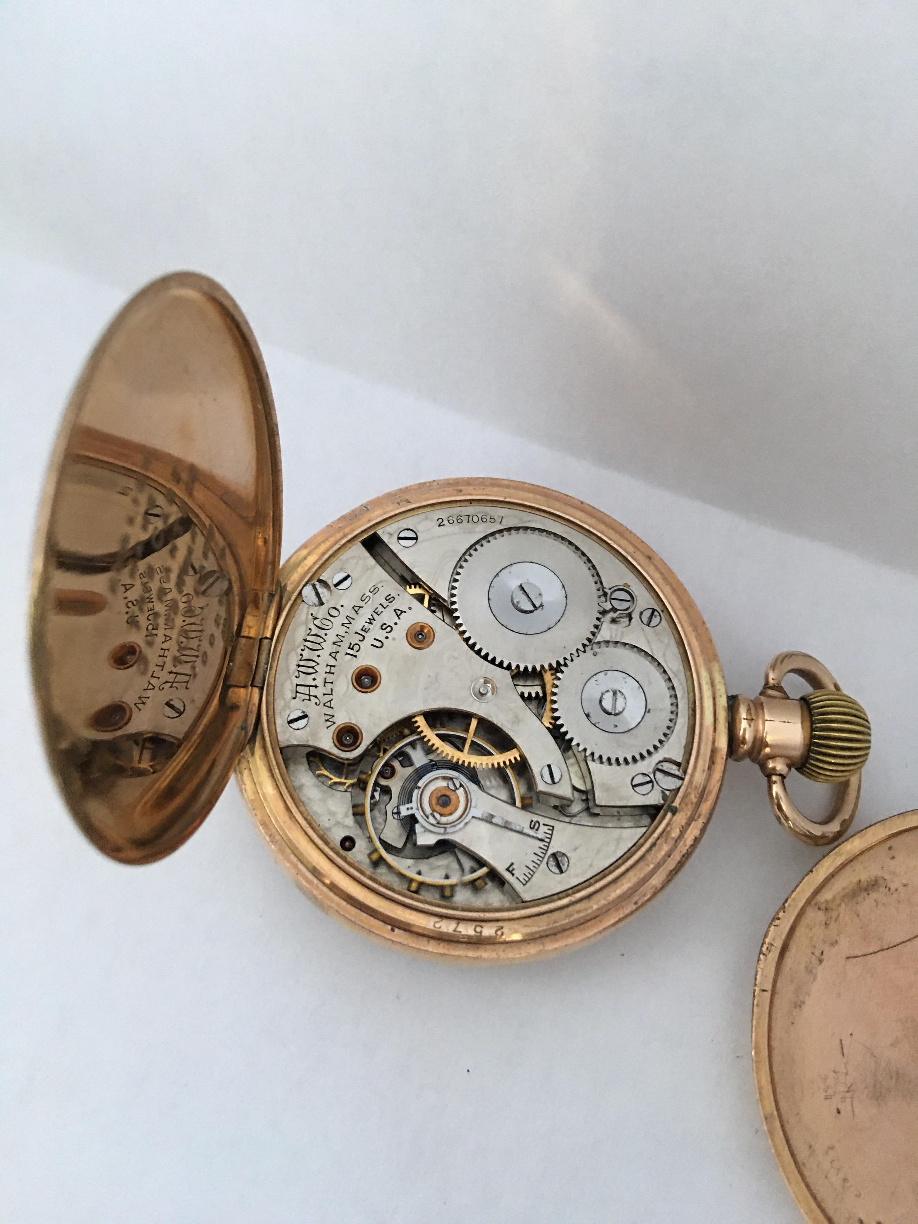 Women's or Men's Antique Gold-Plated Dennison Case Waltham U.S.A Hand-Winding Pocket Watch For Sale