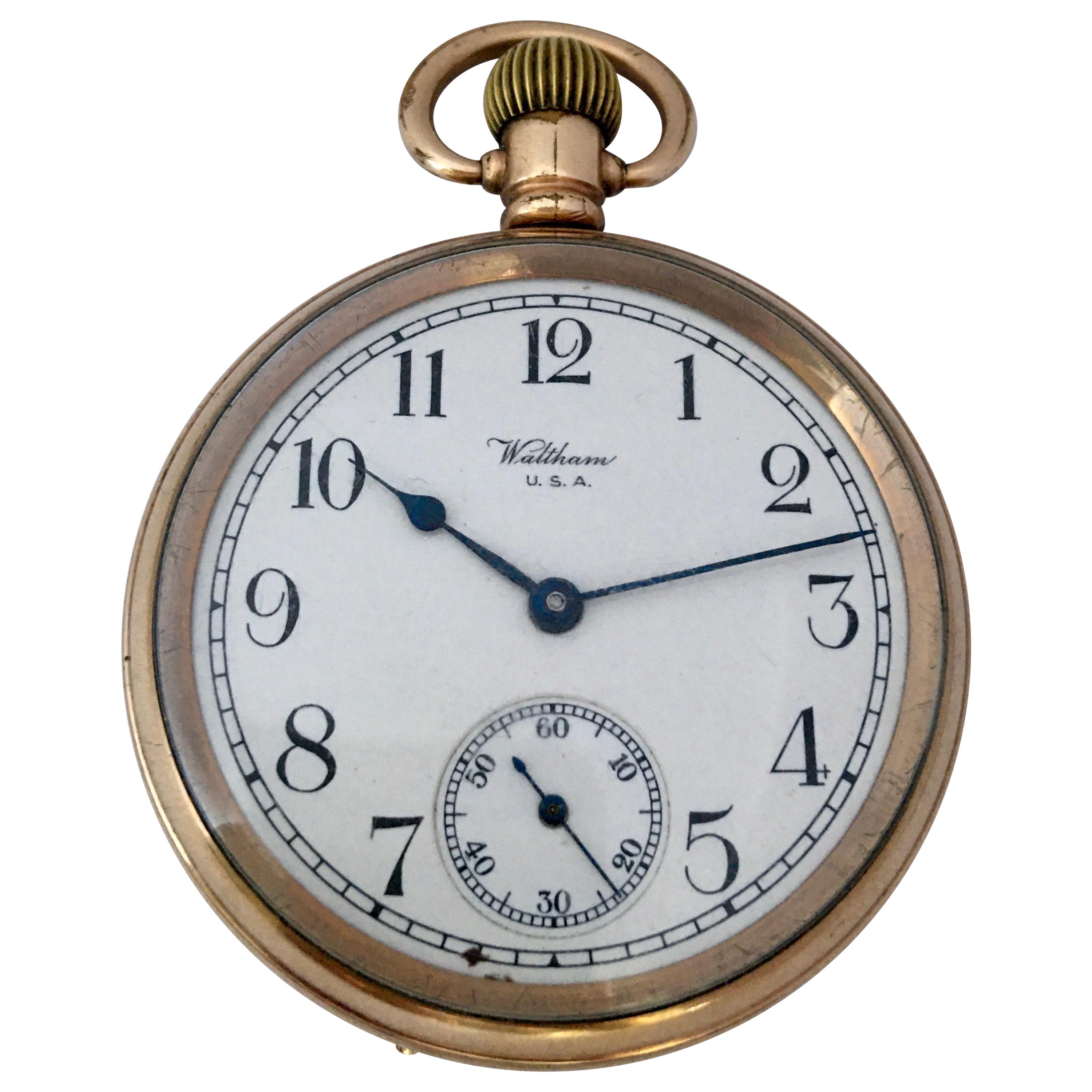 Antique Gold-Plated Dennison Case Waltham U.S.A Hand-Winding Pocket Watch For Sale
