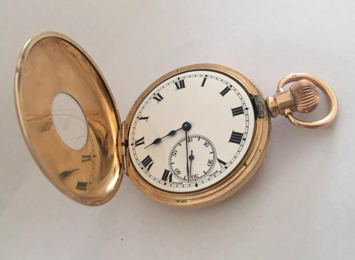 This half hunter pocket watch is working and ticking well . the glass and Bessel are missing. Please study the images carefully as form part of the description.