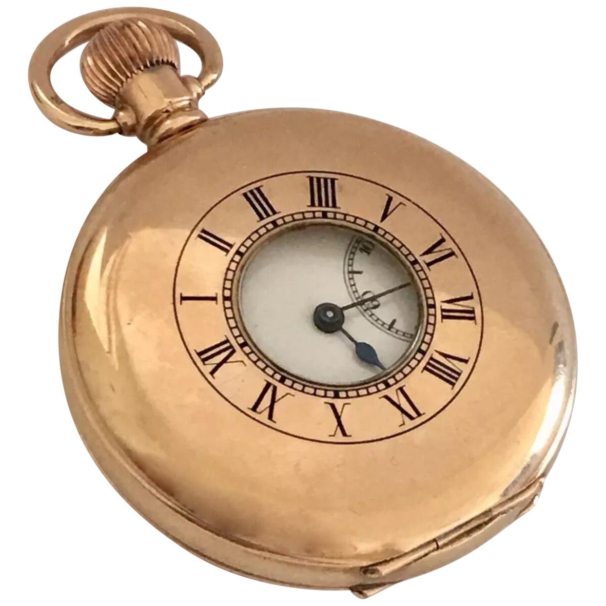 Antique Gold-Plated Dennison Cased Swiss Made Half Hunter Pocket Watch For Sale