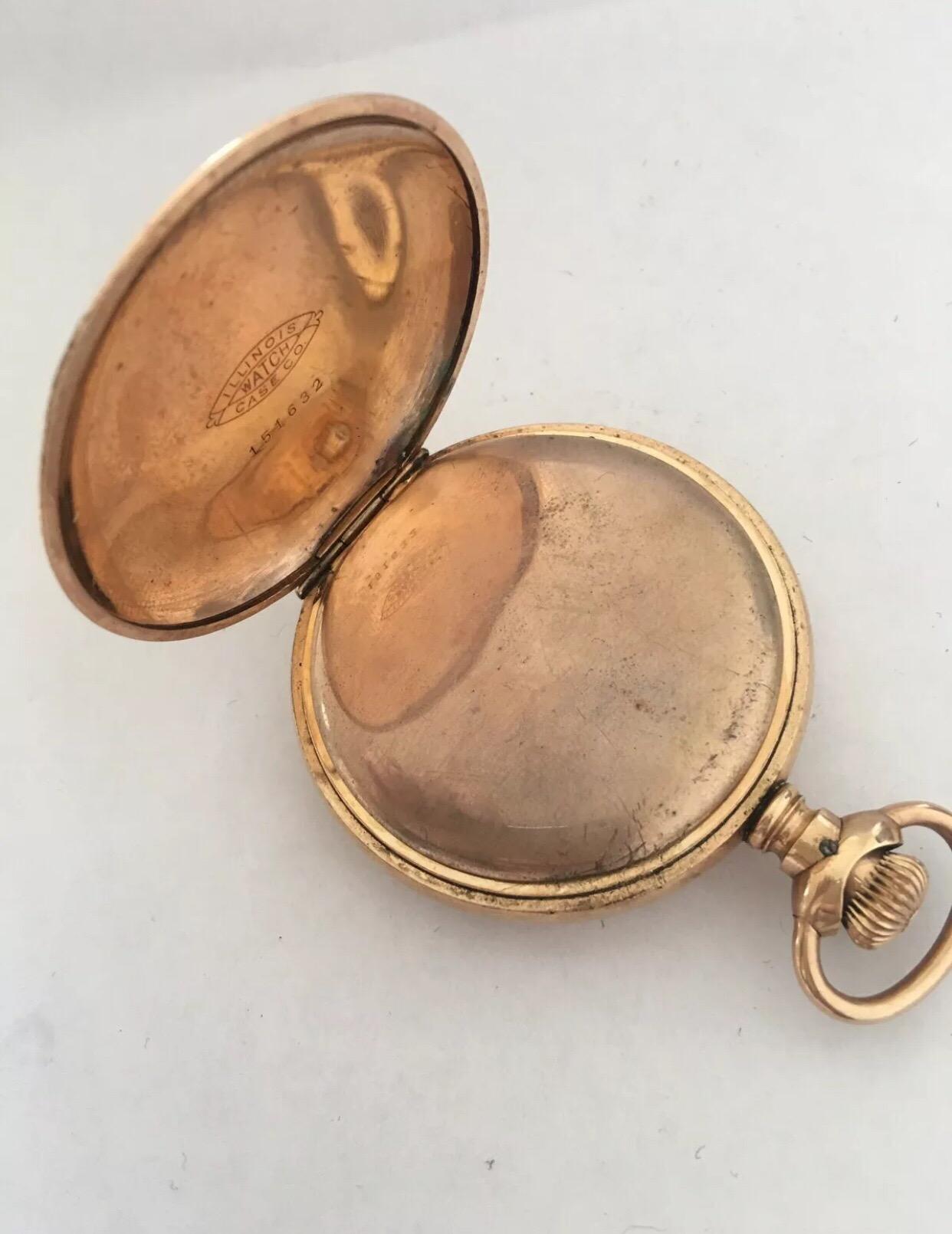 Montre de poche ancienne en plaqué or avec boîtier chasseur signée Illinois Watch Case Co en vente 7