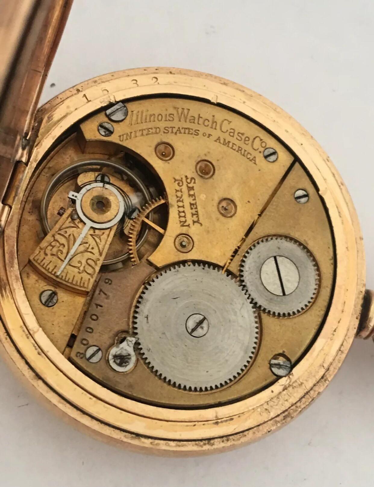 Montre de poche ancienne en plaqué or avec boîtier chasseur signée Illinois Watch Case Co en vente 1