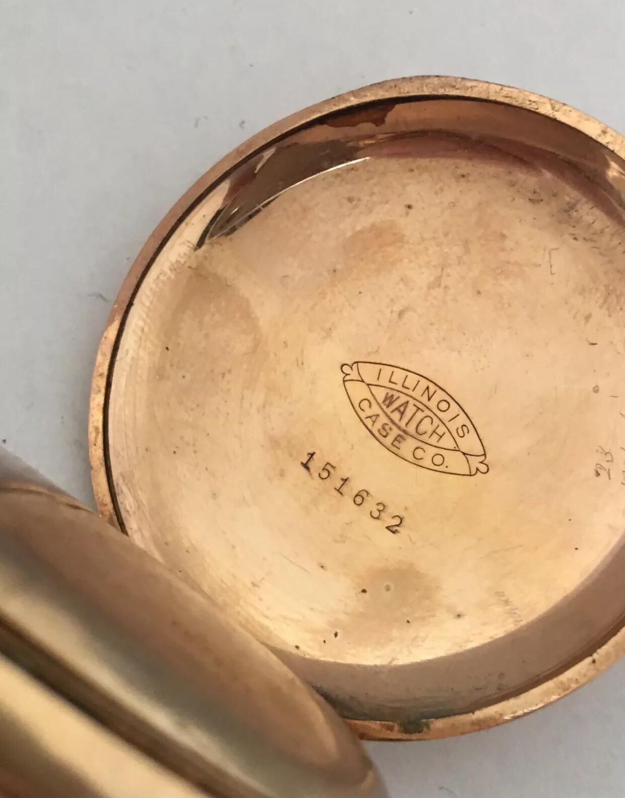 Montre de poche ancienne en plaqué or avec boîtier chasseur signée Illinois Watch Case Co en vente 3