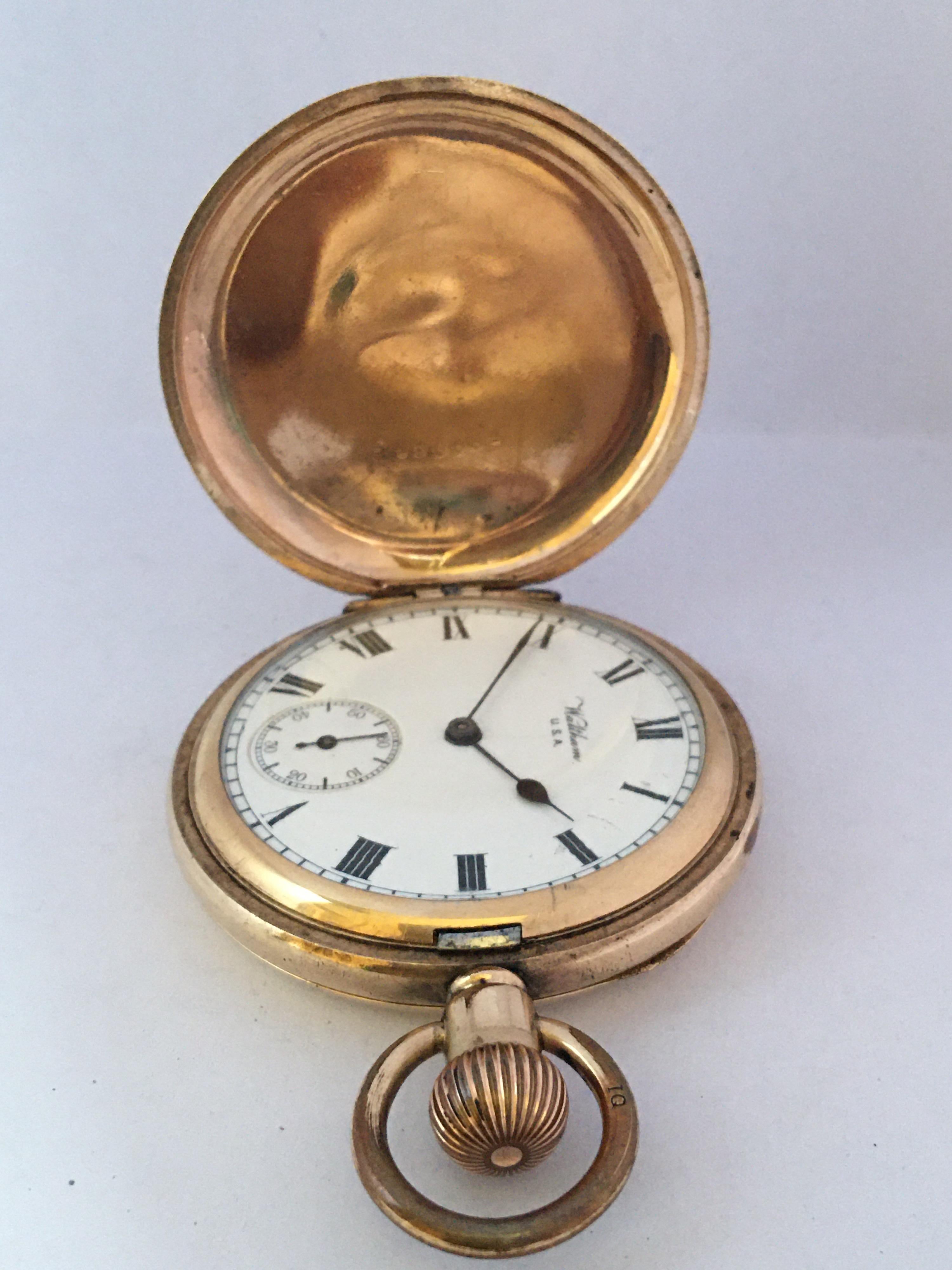 Antique Gold-Plated Full Hunter Cased Waltham Hand Winding Lever Pocket Watch 6