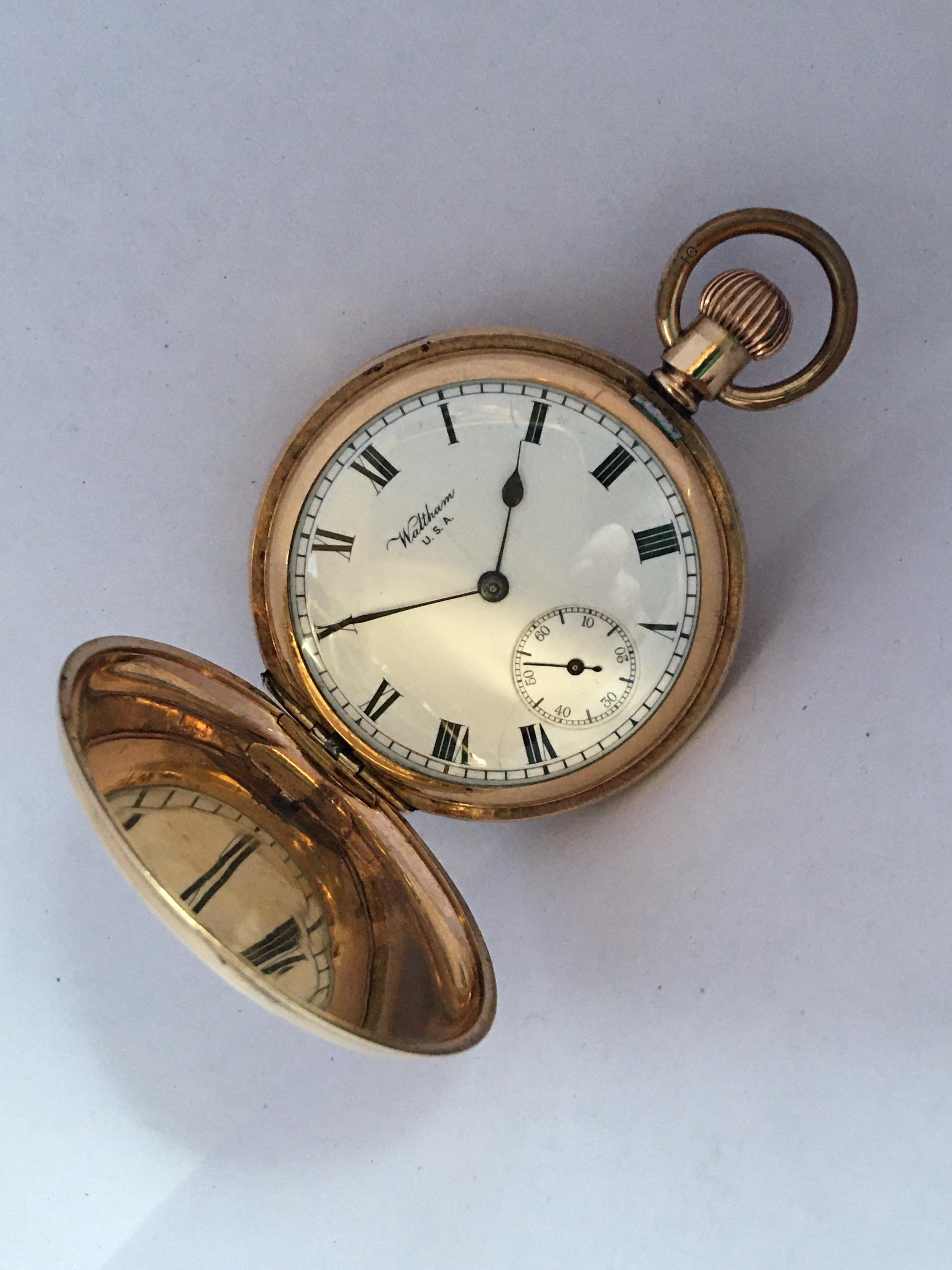 Antique Gold-Plated Full Hunter Cased Waltham Hand Winding Lever Pocket Watch In Good Condition In Carlisle, GB