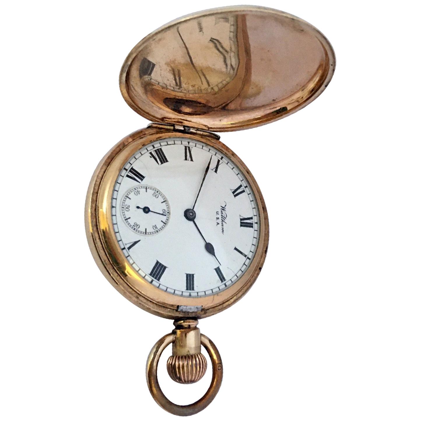 Antique Gold-Plated Full Hunter Cased Waltham Hand Winding Lever Pocket Watch