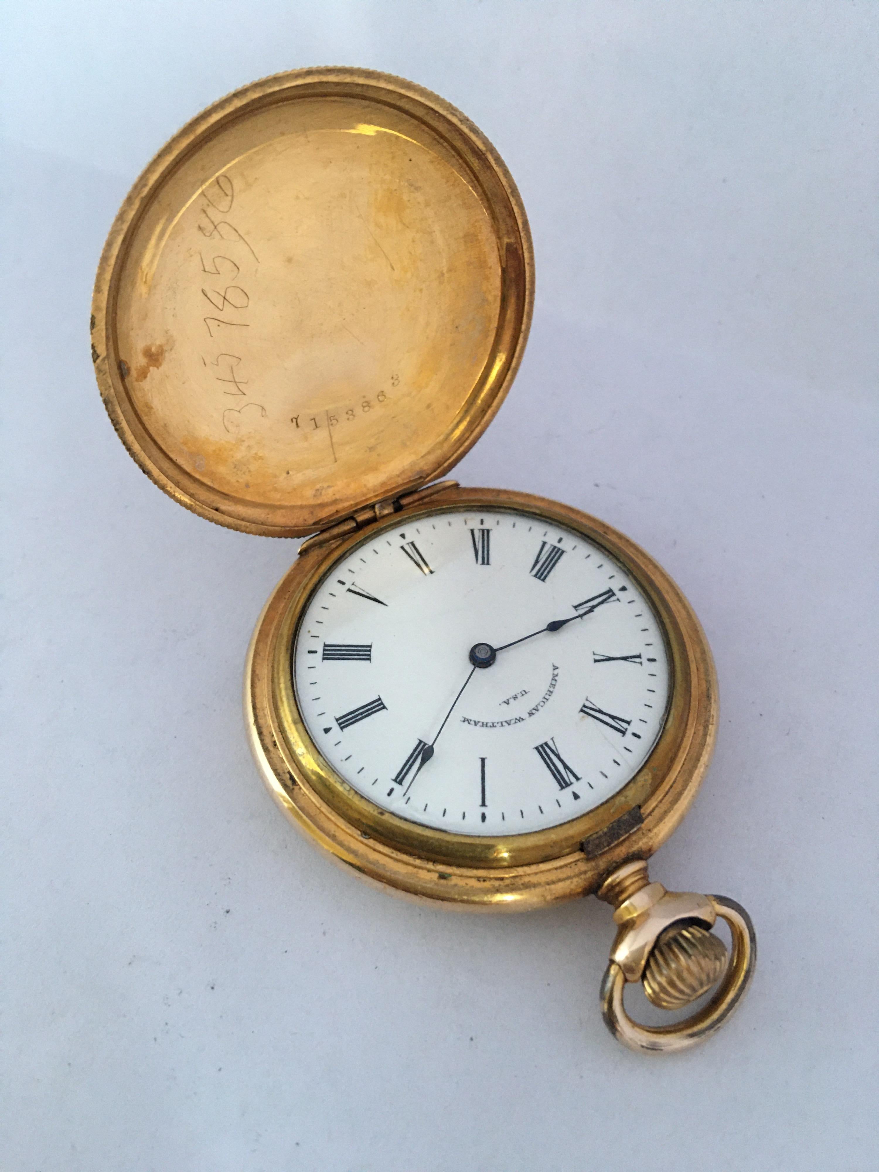 Antique Gold-Plated Full Hunter Engine Turned Engraved Case Waltham Pocket Watch For Sale 3