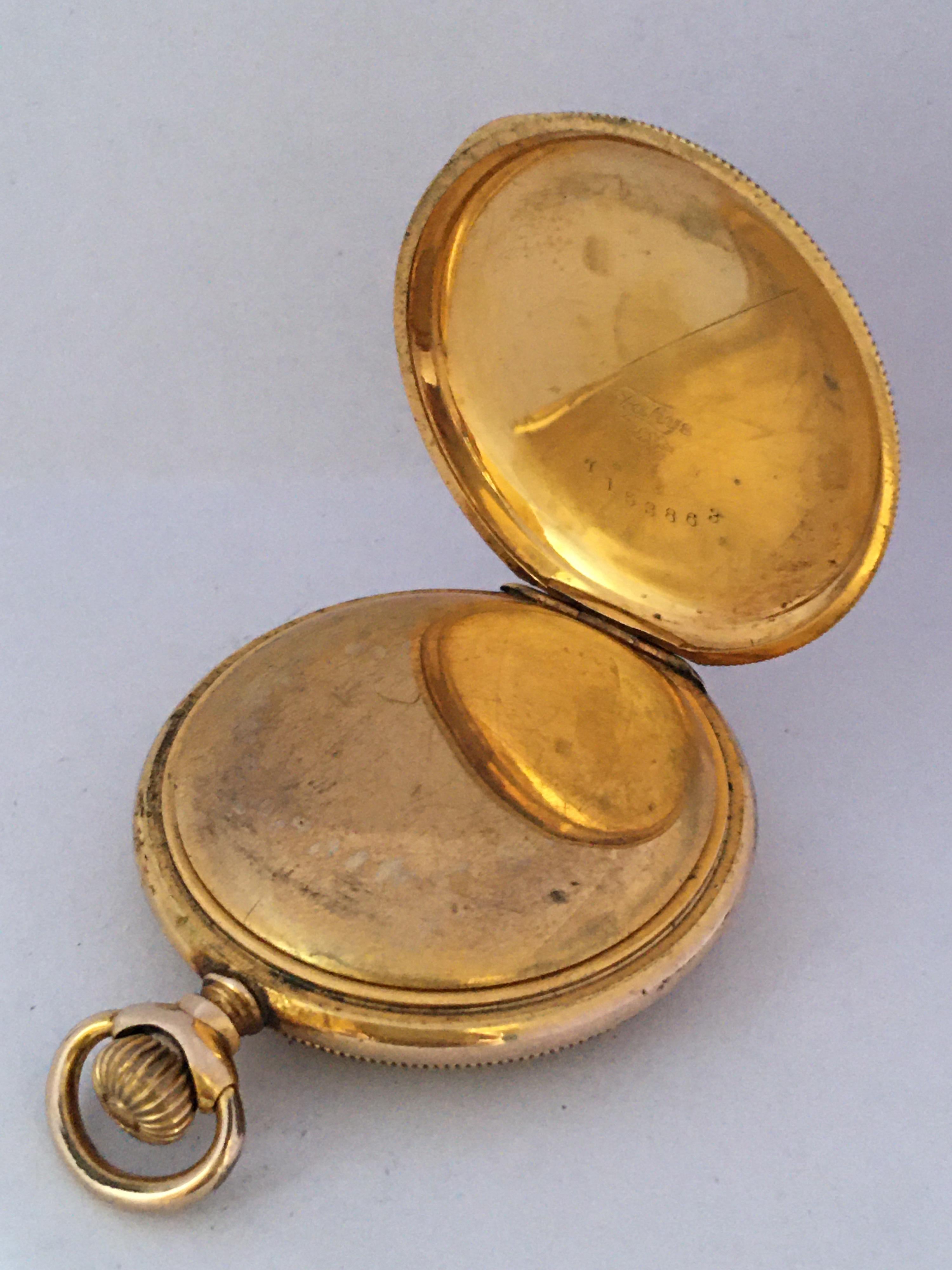 Antique Gold-Plated Full Hunter Engine Turned Engraved Case Waltham Pocket Watch For Sale 5