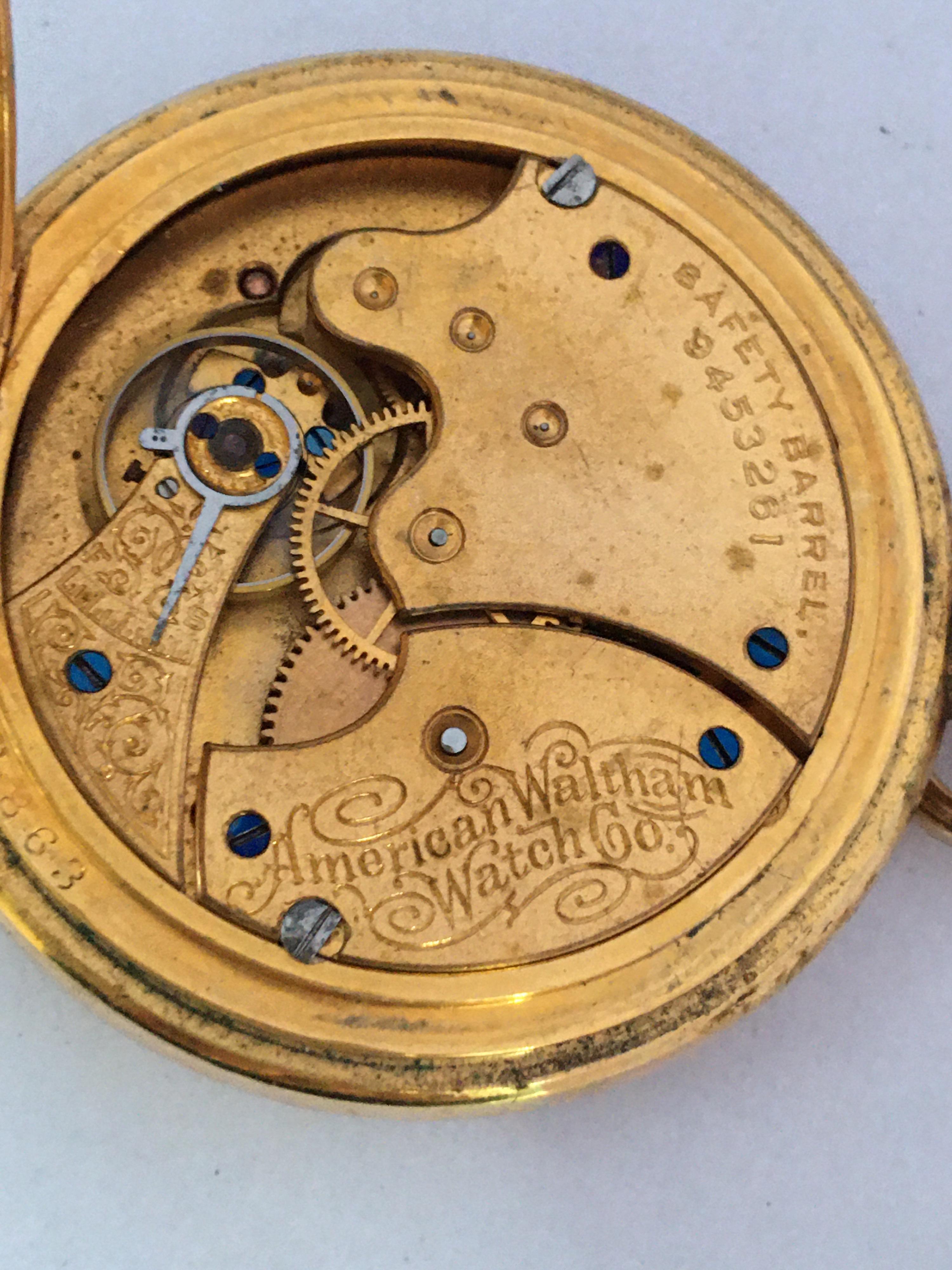 Antique Gold-Plated Full Hunter Engine Turned Engraved Case Waltham Pocket Watch For Sale 6