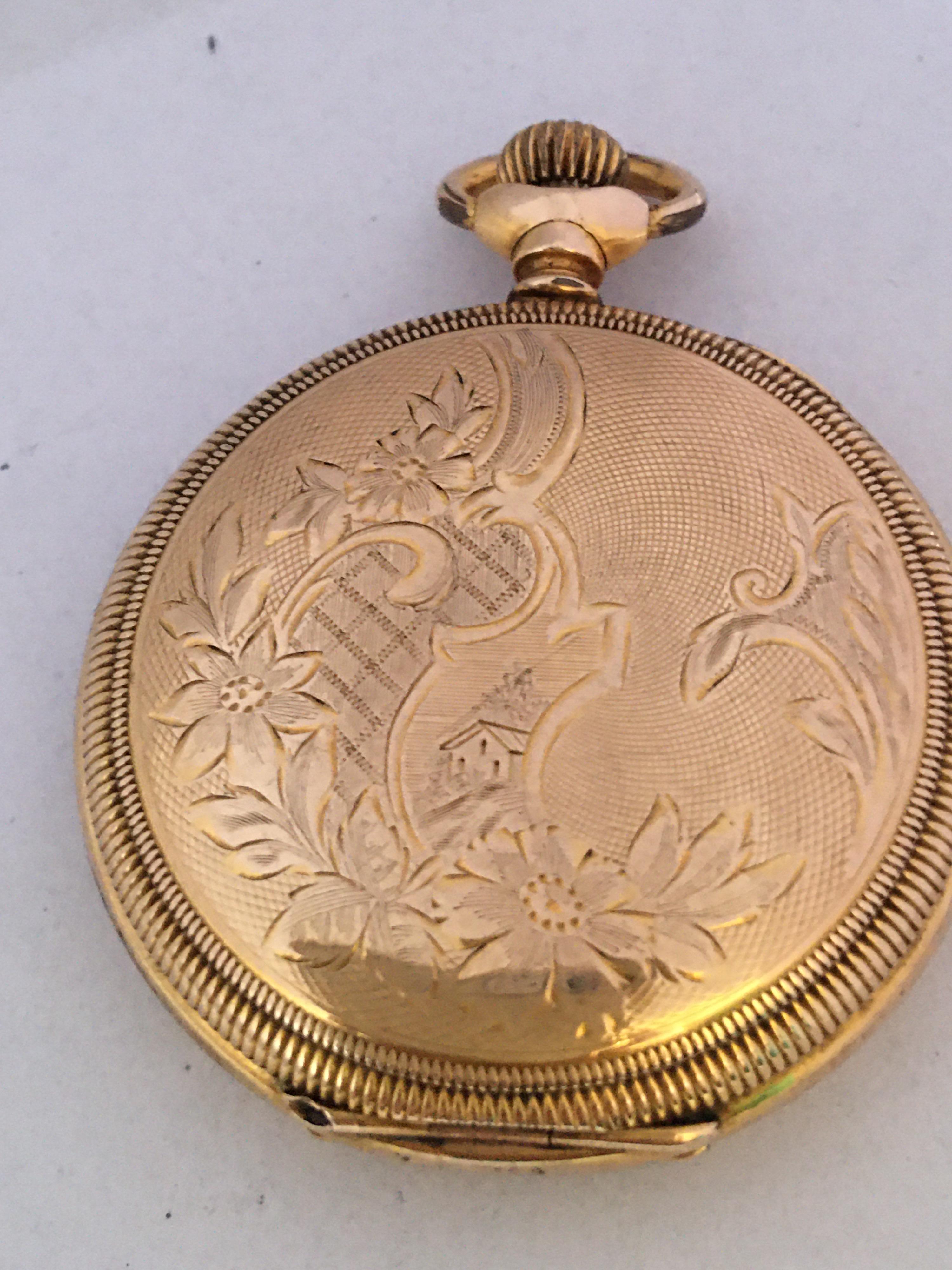 Antique Gold-Plated Full Hunter Engine Turned Engraved Case Waltham Pocket Watch For Sale 7