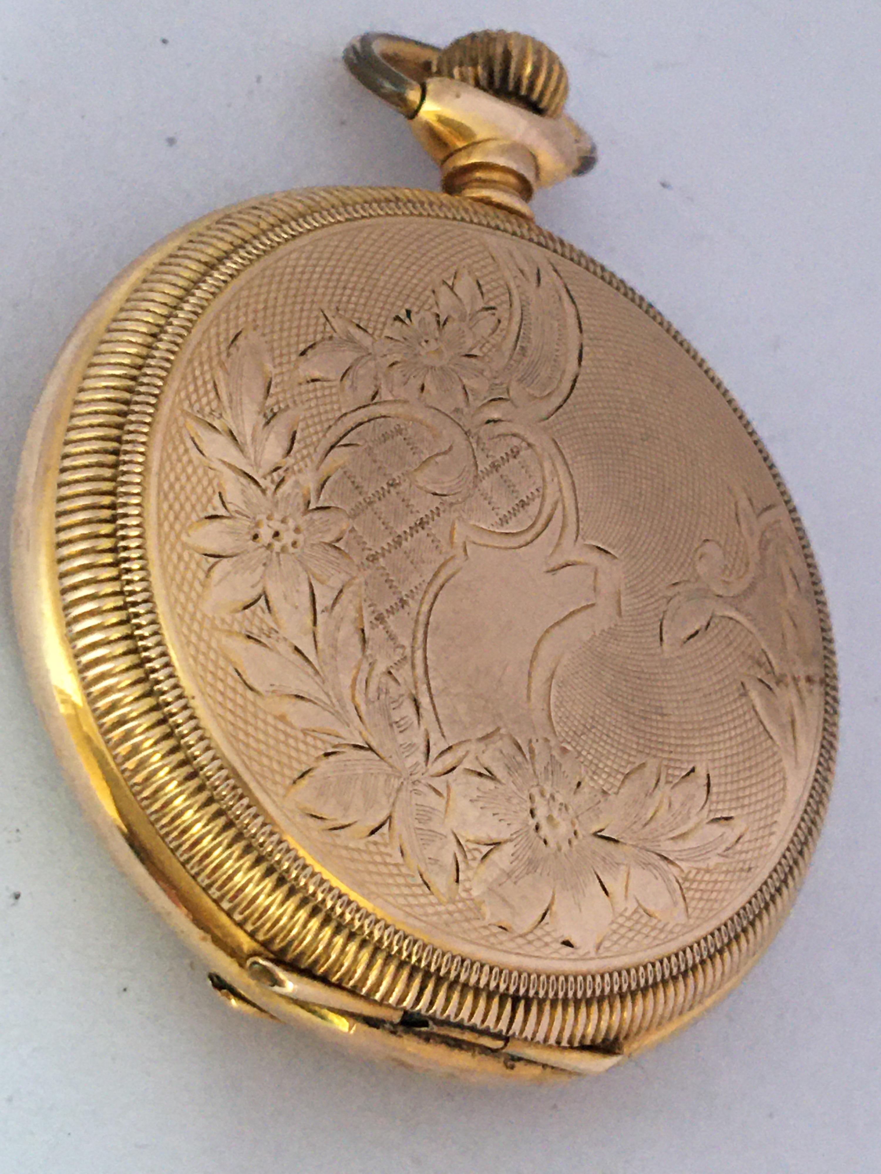 Antique Gold-Plated Full Hunter Engine Turned Engraved Case Waltham Pocket Watch For Sale 8