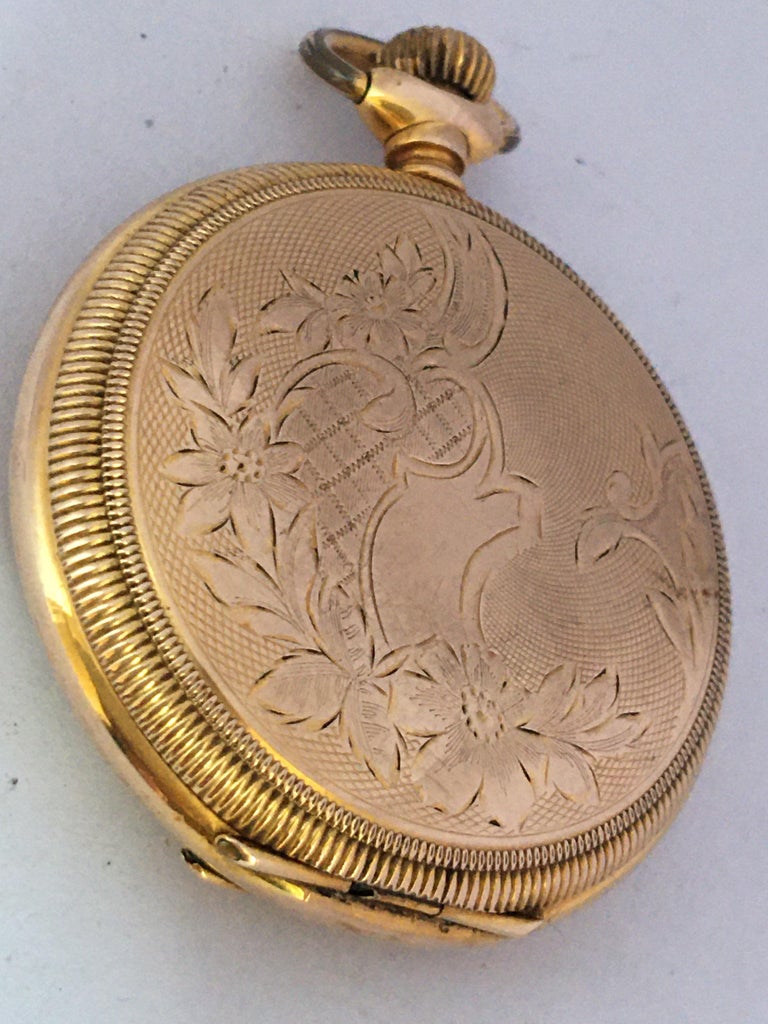 Antique GoldPlated Full Hunter Engine Turned Engraved Case Waltham Pocket Watch For Sale at