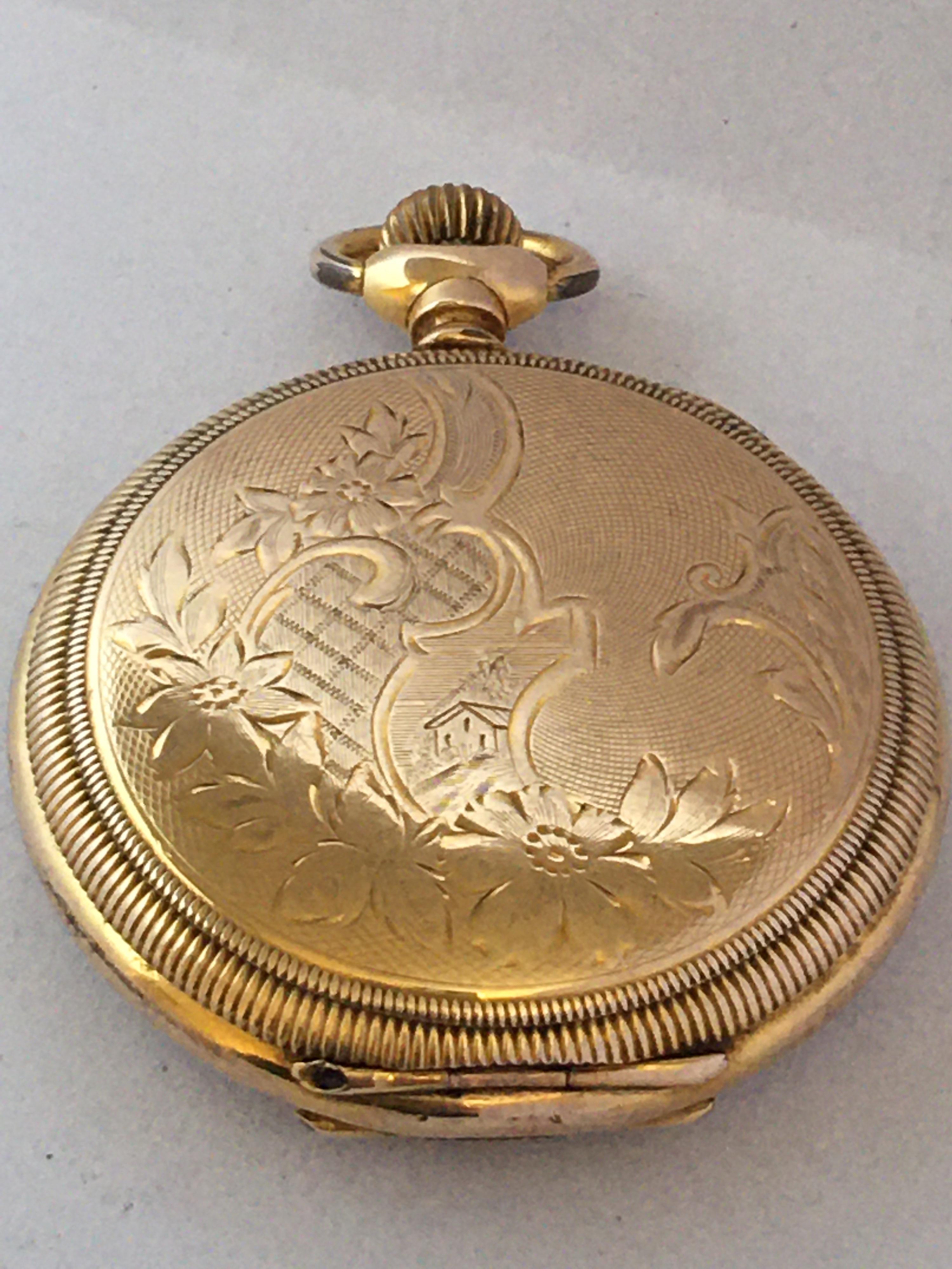 Antique Gold-Plated Full Hunter Engine Turned Engraved Case Waltham Pocket Watch For Sale 9