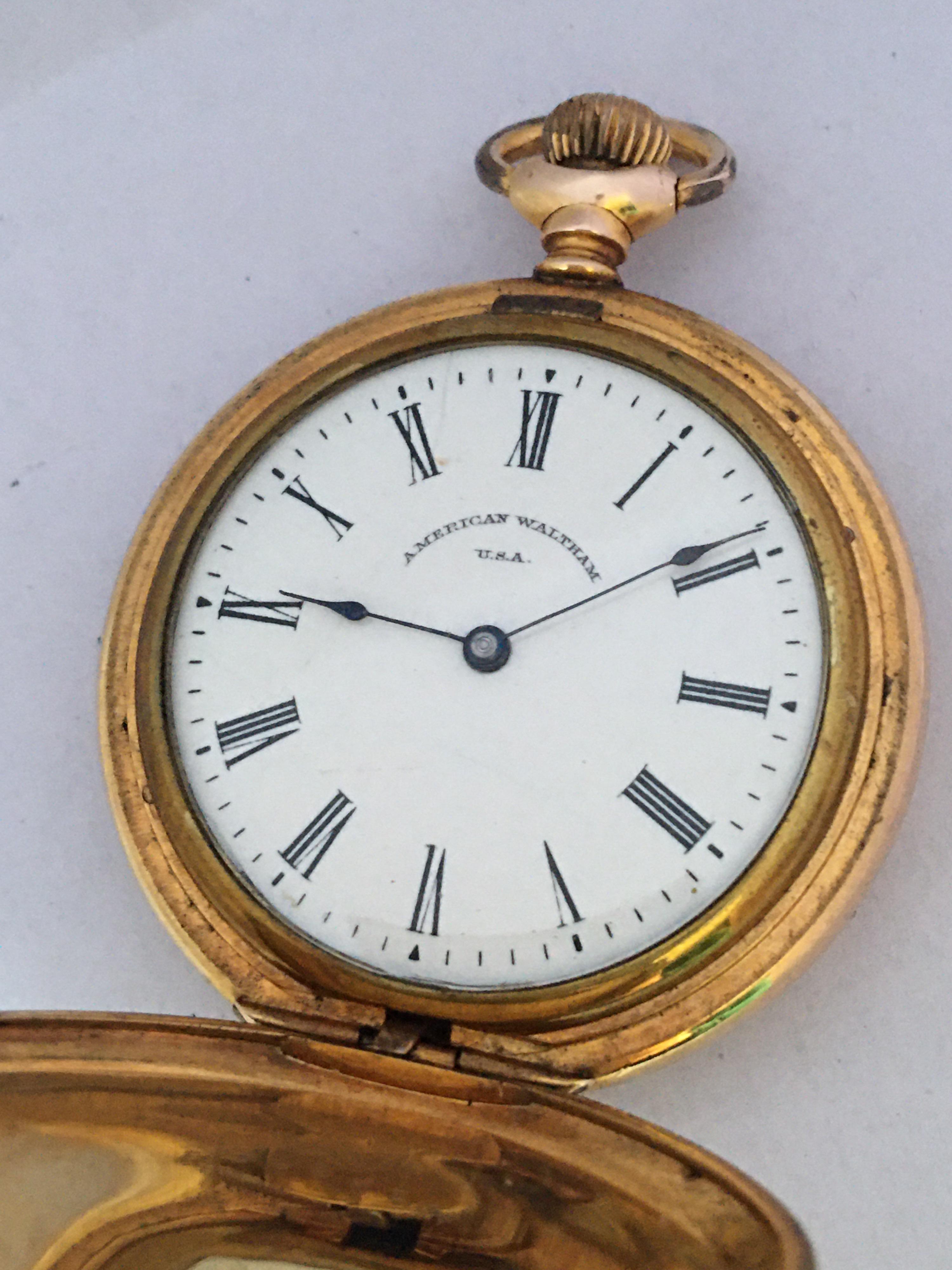 Antique Gold-Plated Full Hunter Engine Turned Engraved Case Waltham Pocket Watch For Sale 10