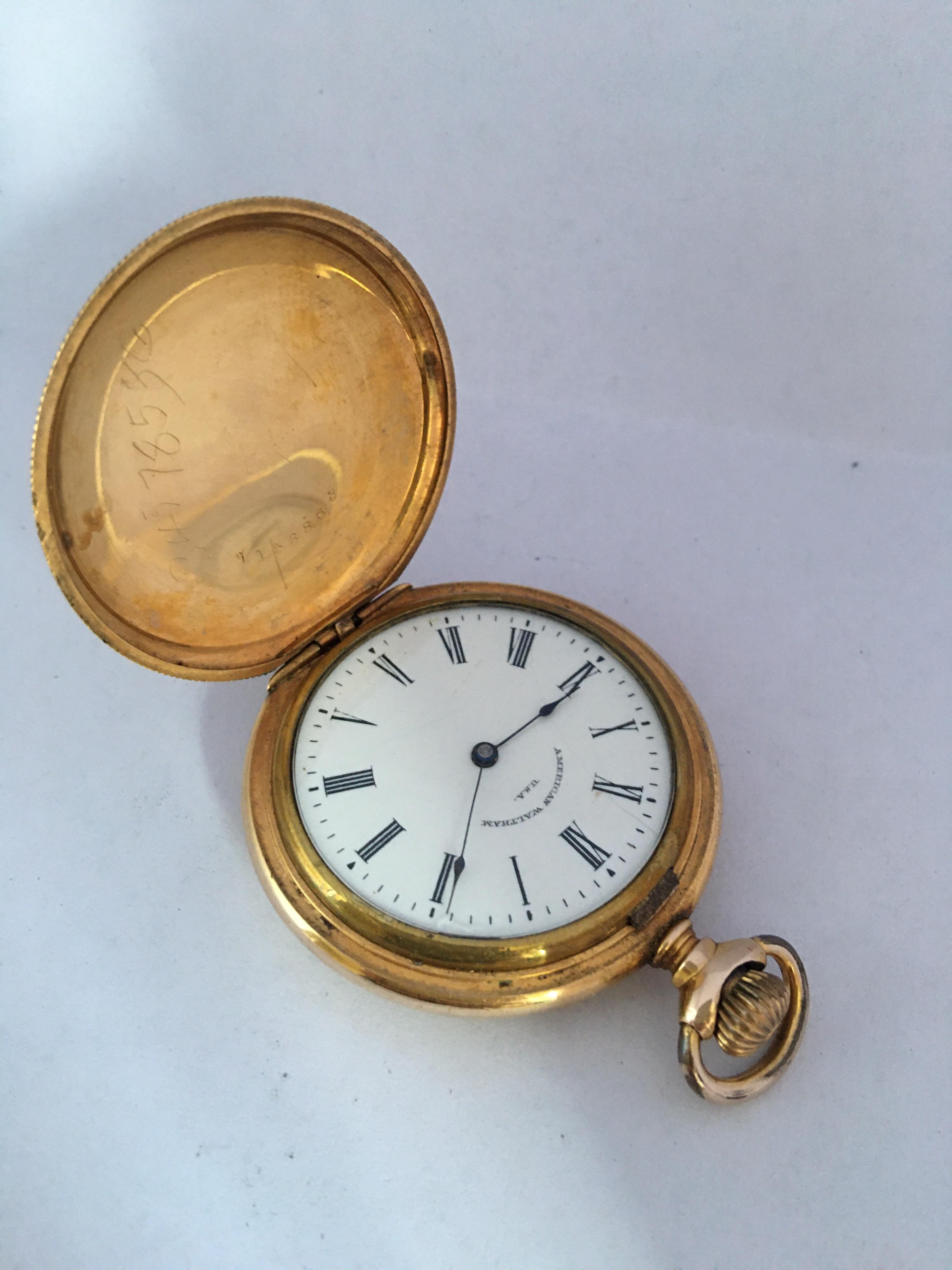 Waltham gold plated lever hunter fob watch, circa 1899, signed gilt movement with compensated balance, regulator and safety barrel, no. 9453261, signed dial with Roman numerals and minute markers, blued steel hands, within a Fahys engine turned and