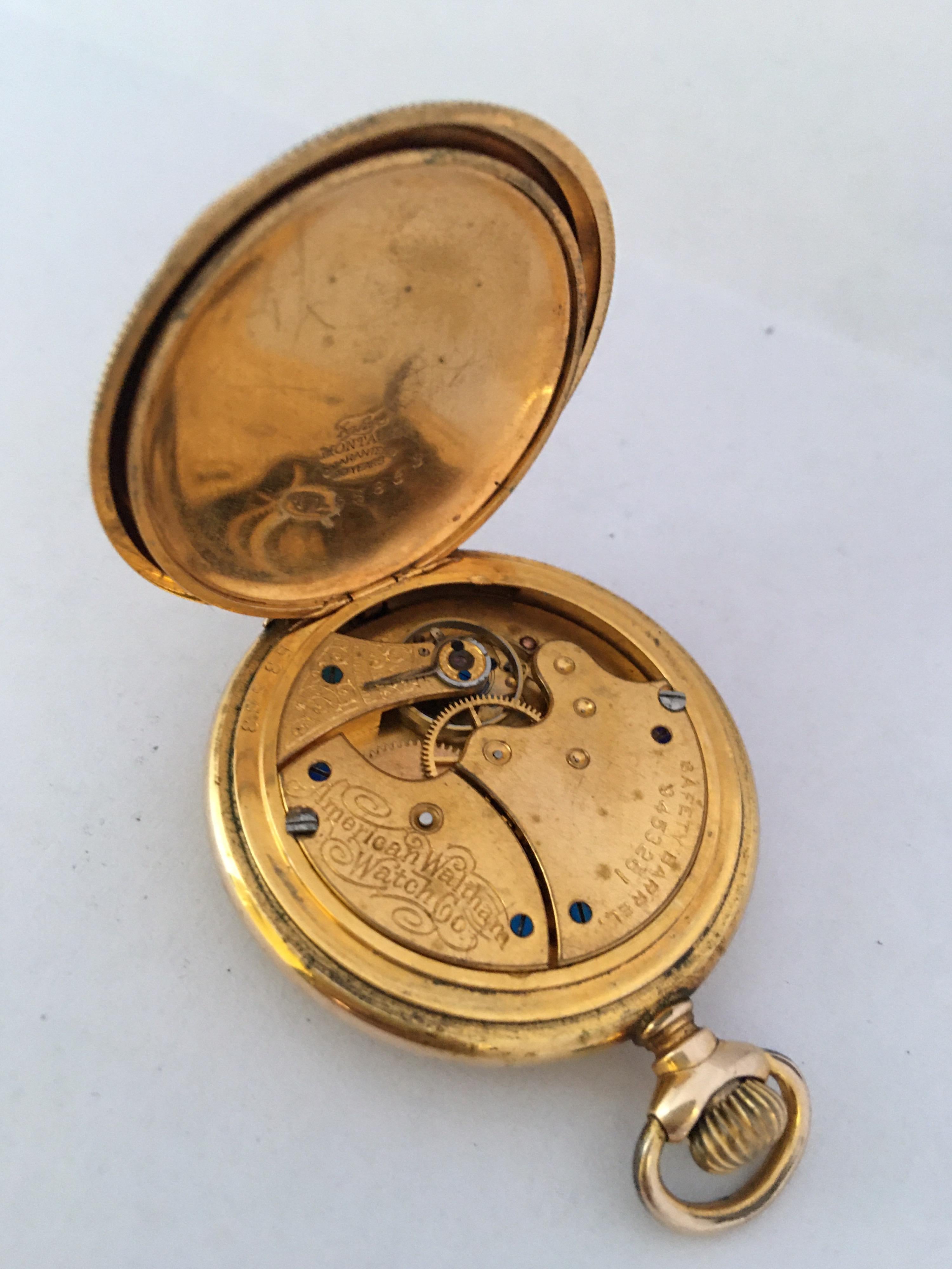 Women's or Men's Antique Gold-Plated Full Hunter Engine Turned Engraved Case Waltham Pocket Watch For Sale