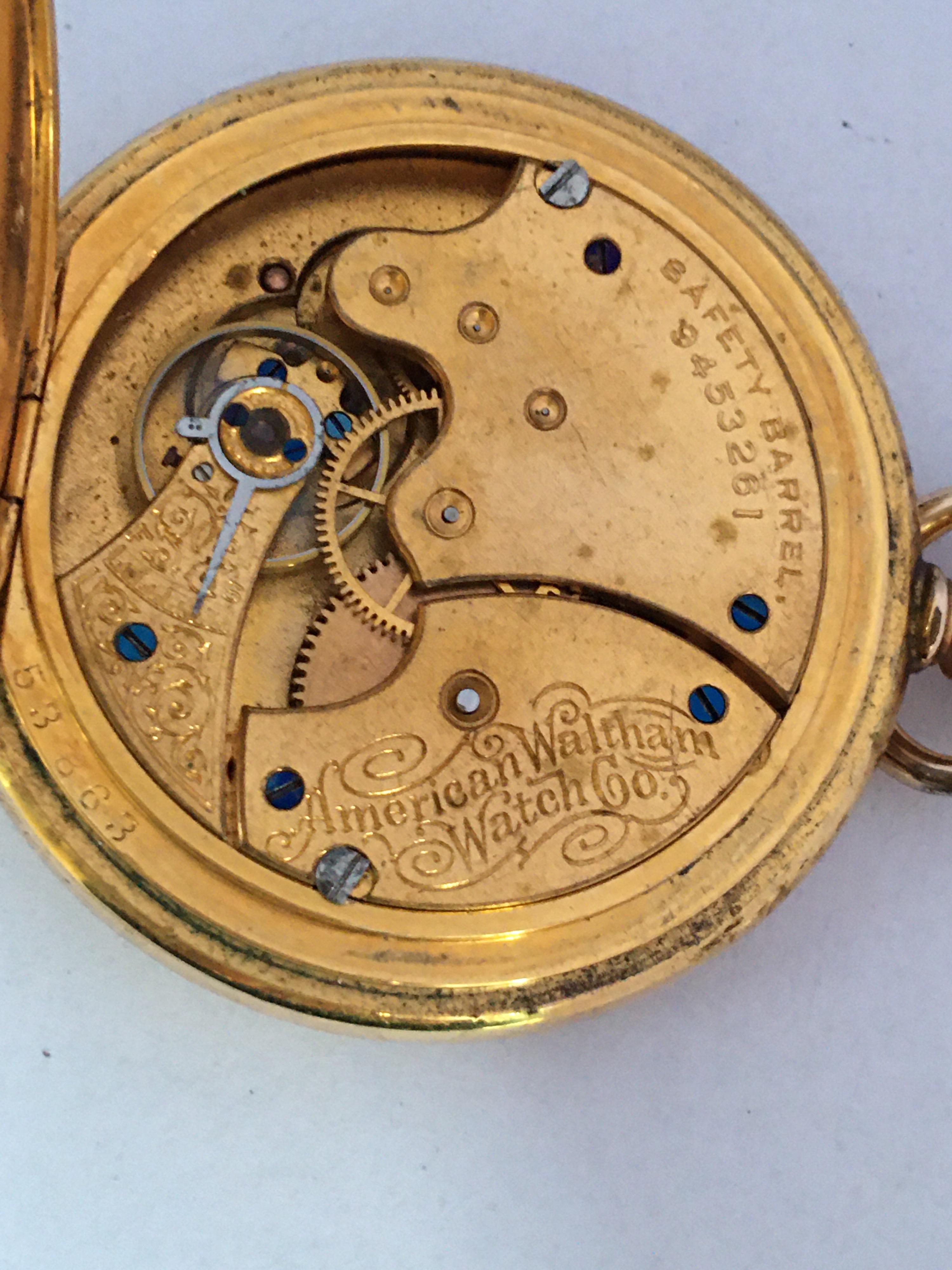 Antique Gold-Plated Full Hunter Engine Turned Engraved Case Waltham Pocket Watch For Sale 1