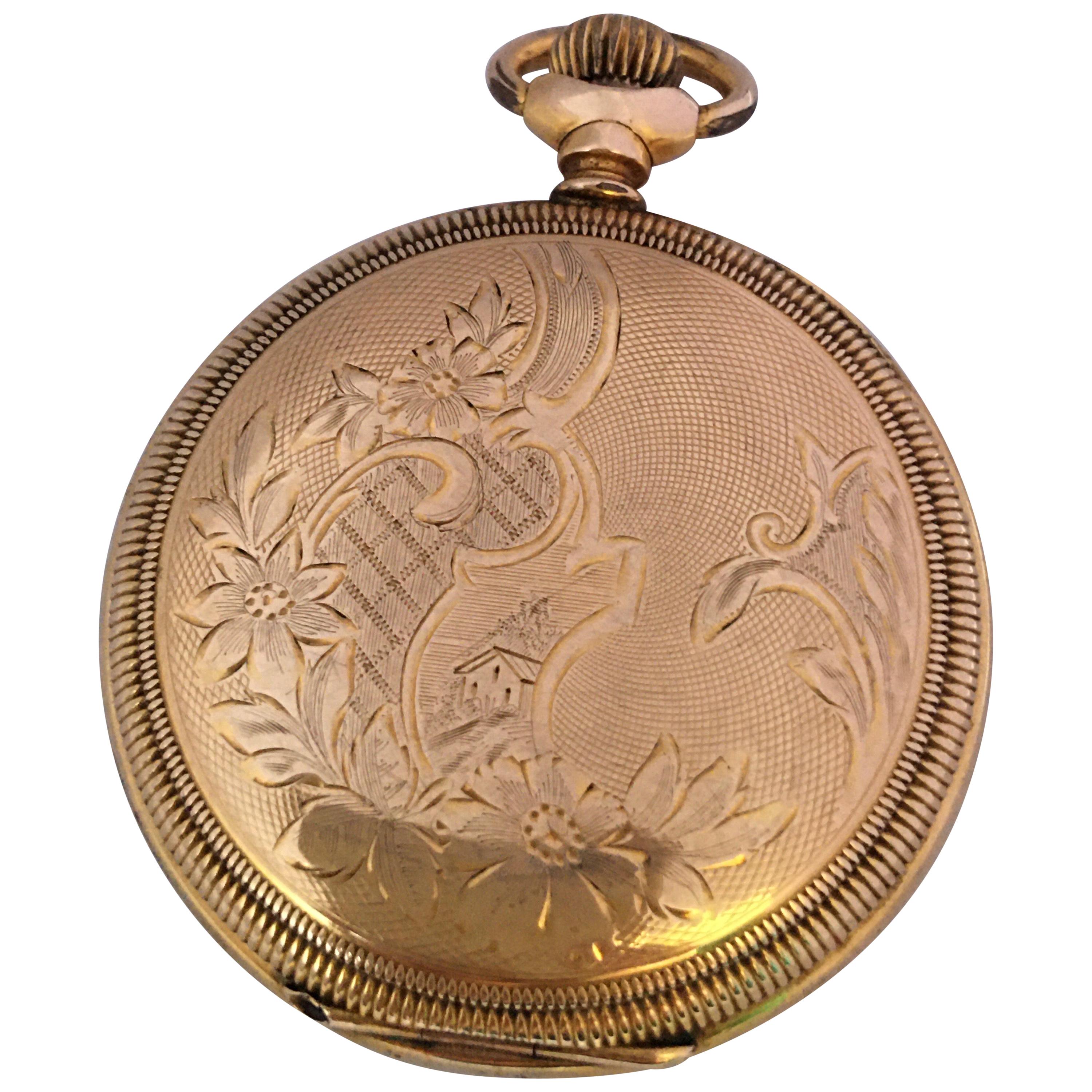 Antique Gold-Plated Full Hunter Engine Turned Engraved Case Waltham Pocket Watch For Sale
