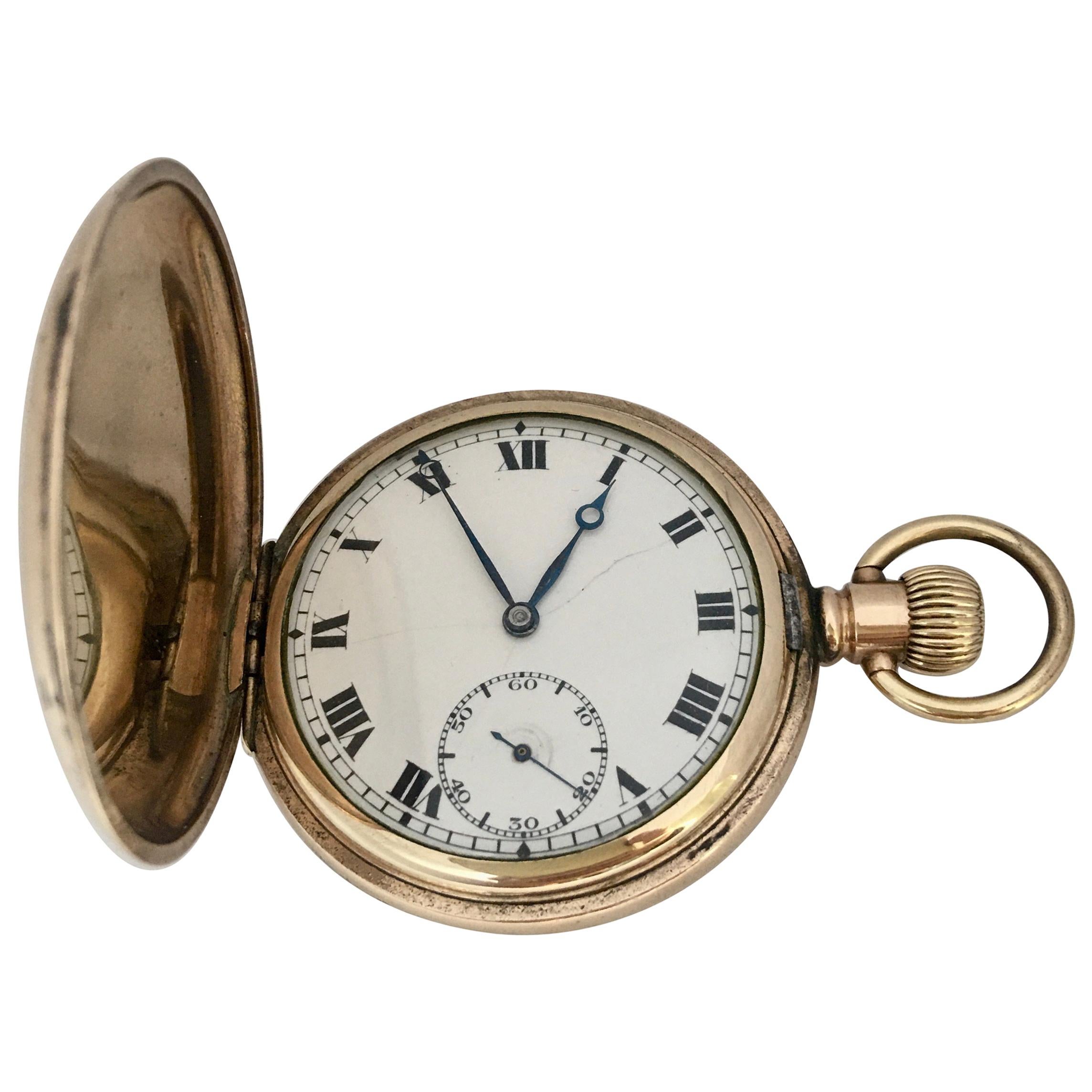 Antique Gold-Plated Full Hunter Swiss Hand-Winding Pocket Watch For Sale