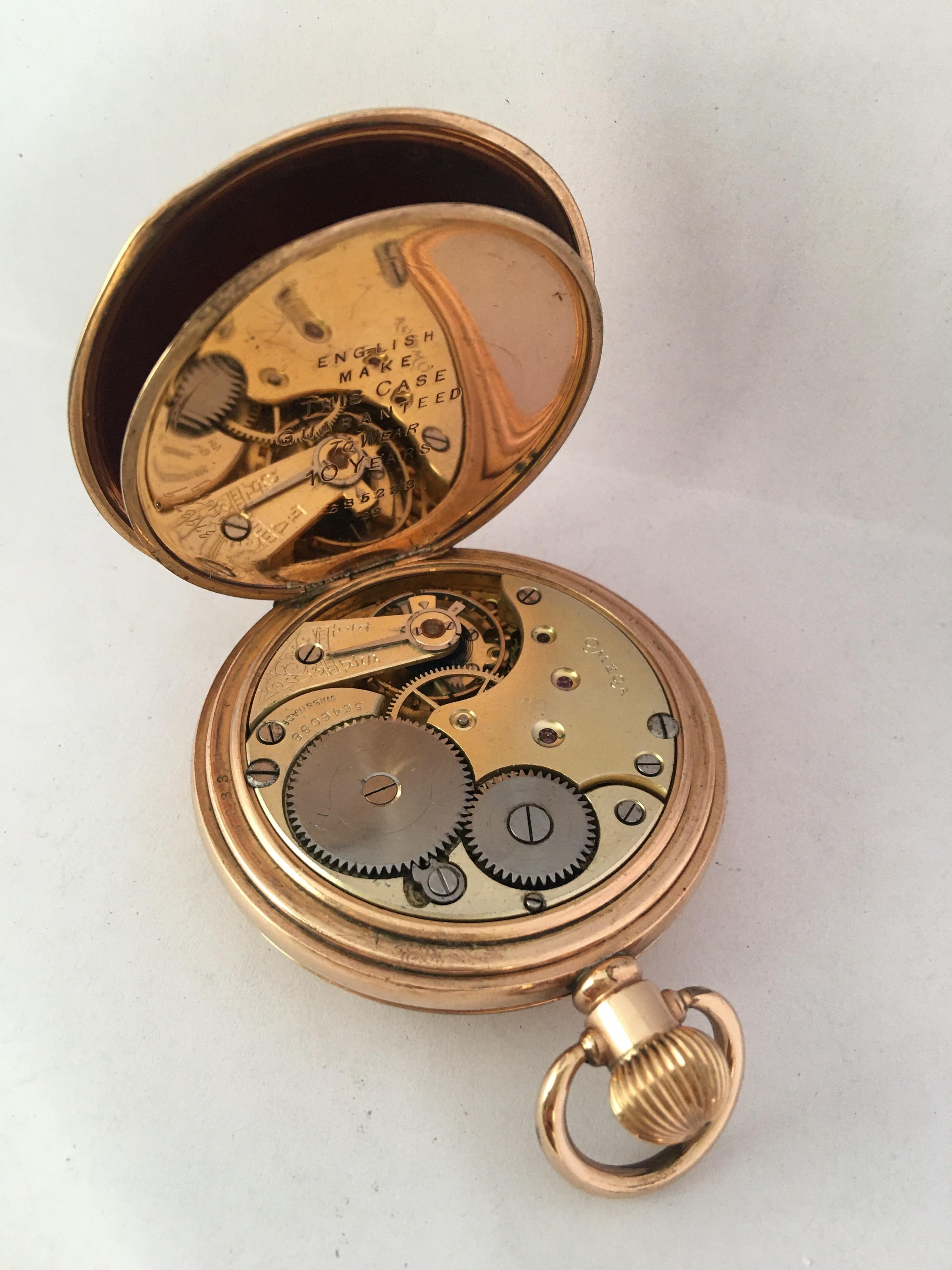 Antique Gold-Plated Half Hunter Dennison Cased Keyless Lever Omega Pocket Watch In Good Condition In Carlisle, GB