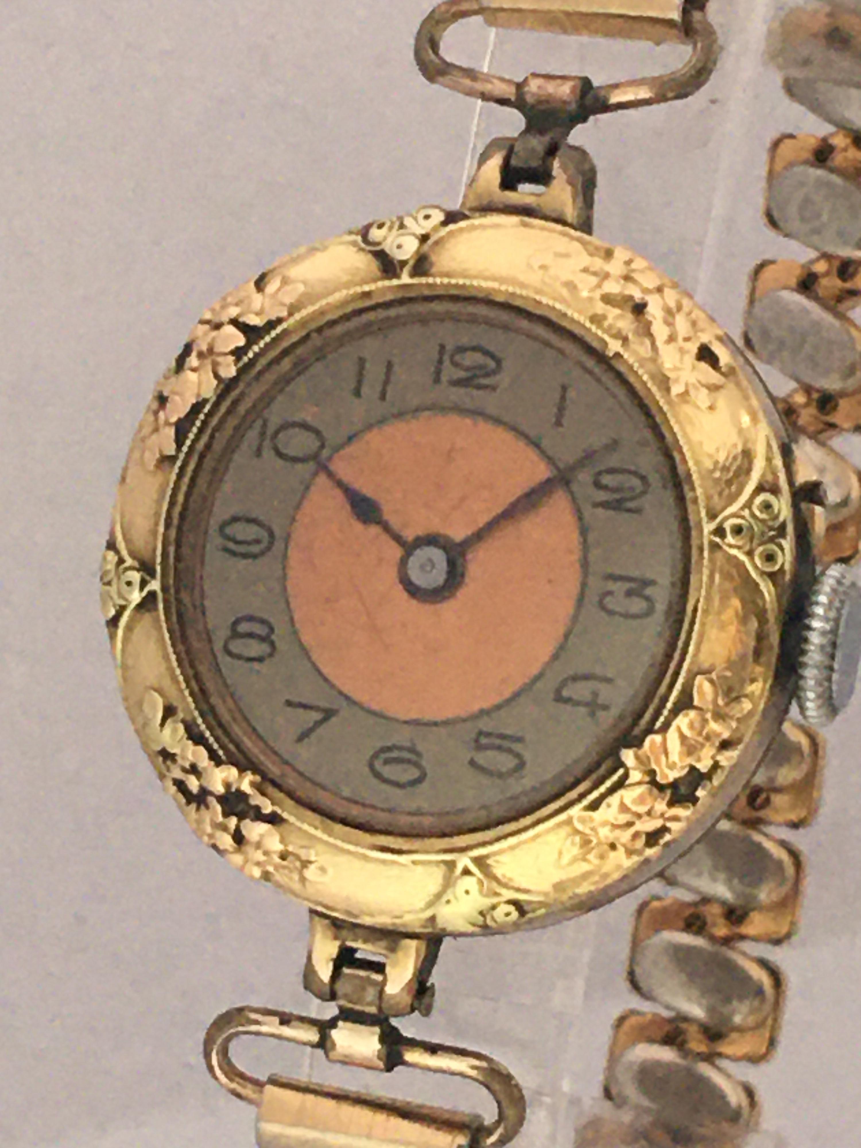 This beautiful 27mm watch diameter antique hand winding trench watch is in good working condition and it is running well. Some signs of used and ageing with tiny light scratches on the glass and on the gold plated watch case. It 6 inches flexible