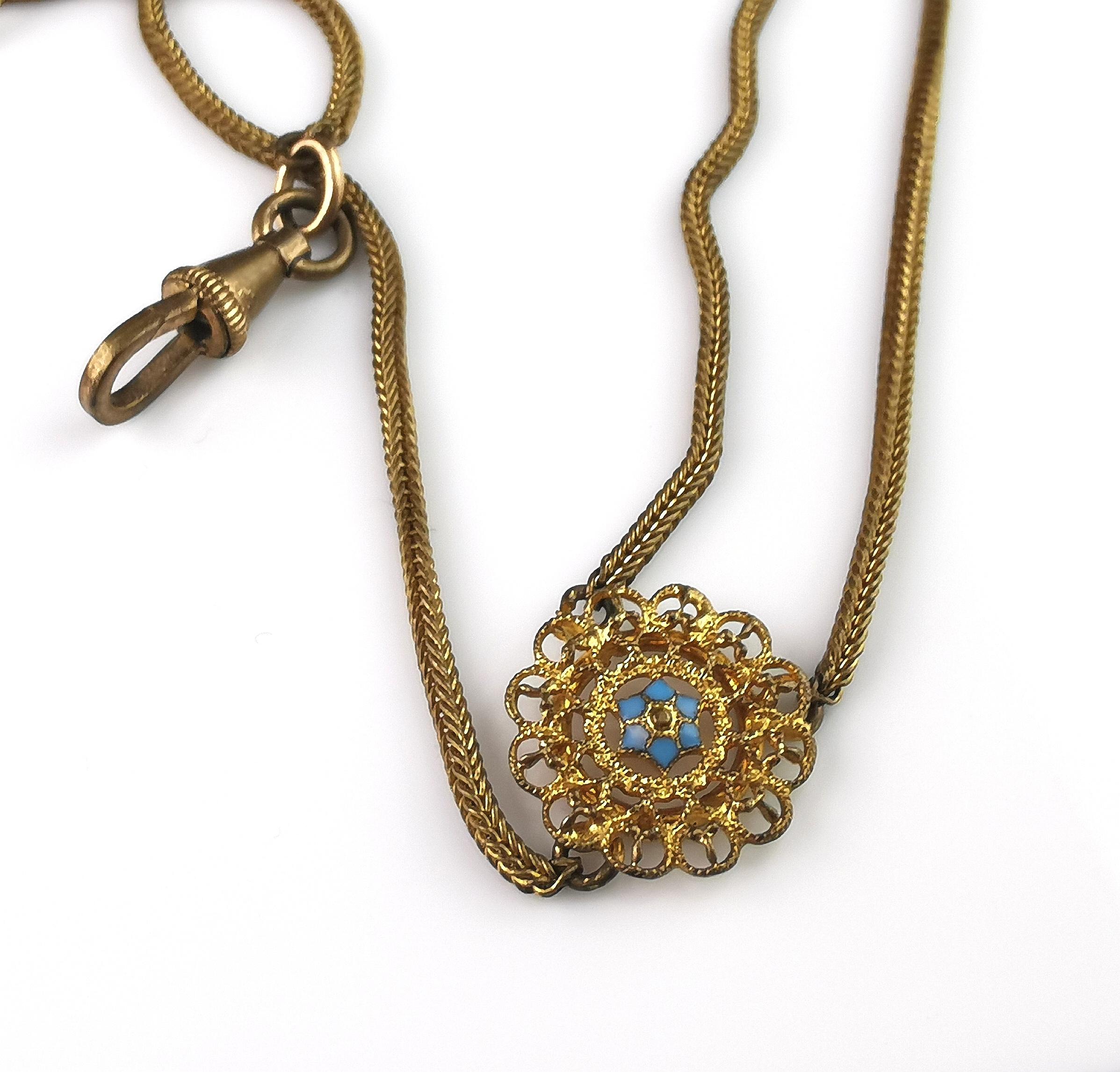 Antique Gold plated lariat chain necklace, Faux pearl, Enamel flower For Sale 4