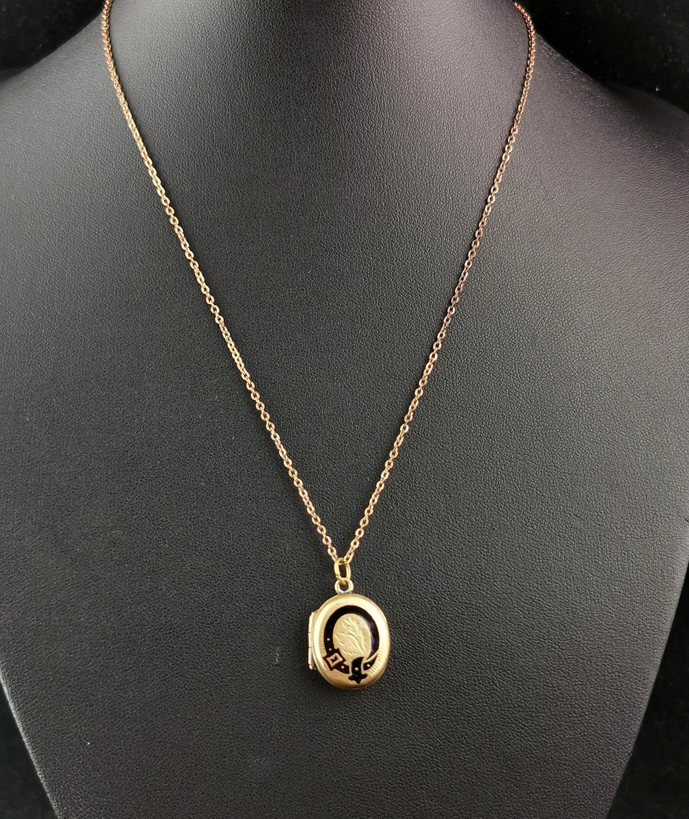 Women's Antique gold plated mourning locket, Black enamel, necklace 