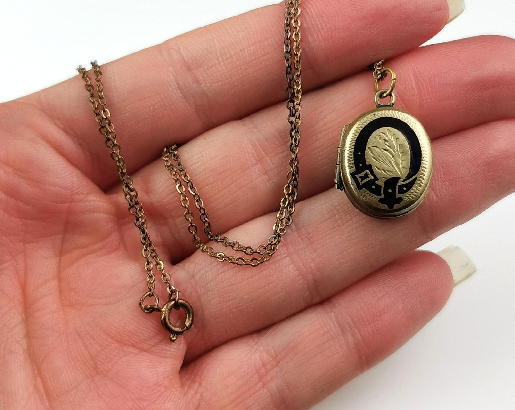 Antique gold plated mourning locket, Black enamel, necklace  3