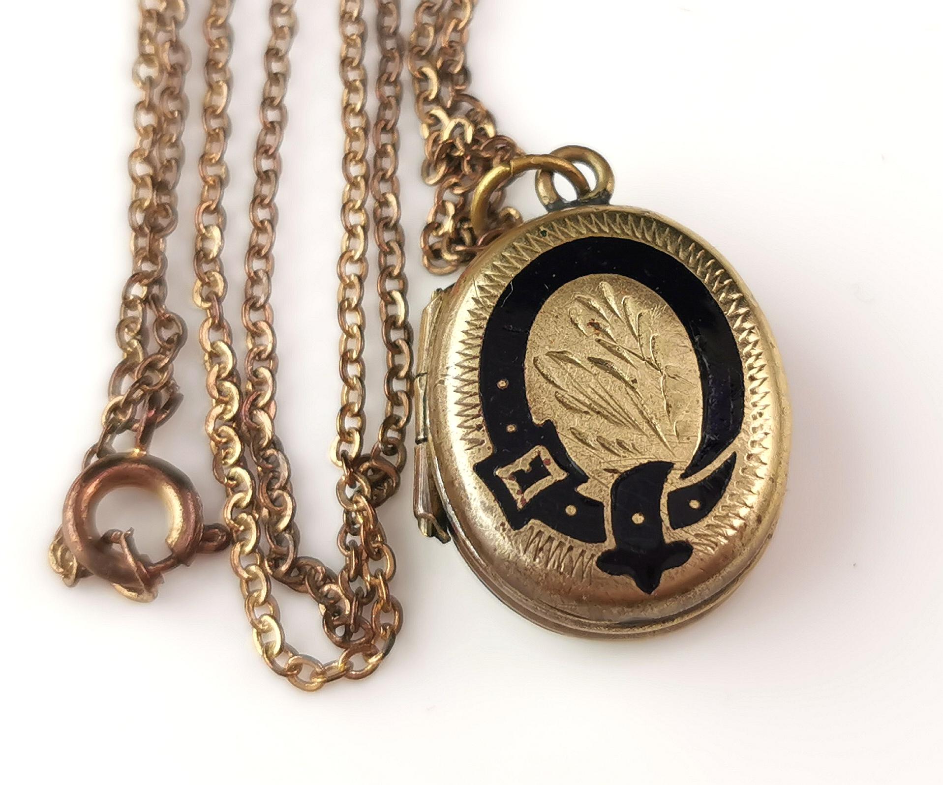 Antique gold plated mourning locket, Black enamel, necklace  4