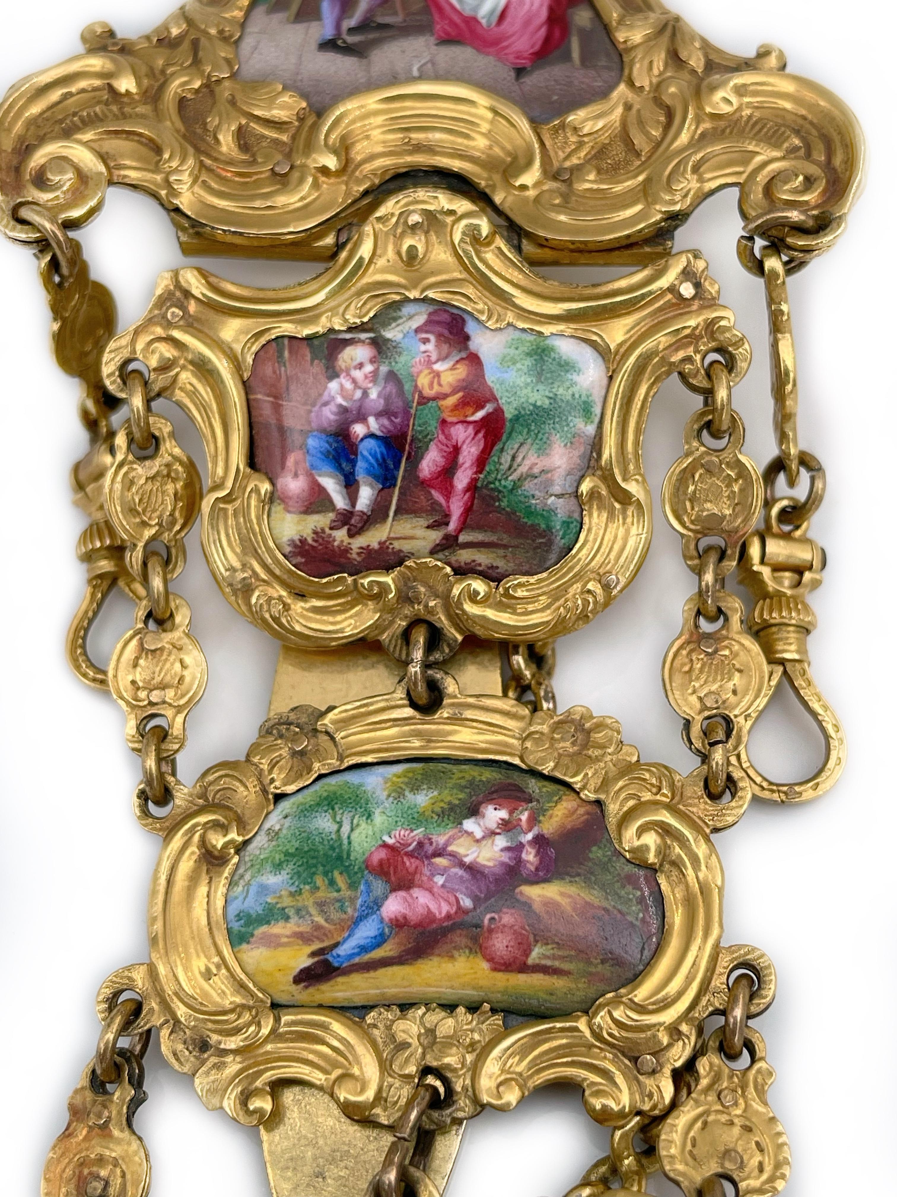 Antique Gold Plated Porcelain Wine Theme Scene Chatelaine 1
