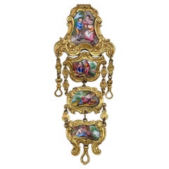 Antique Gold Plated Porcelain Wine Theme Scene Chatelaine