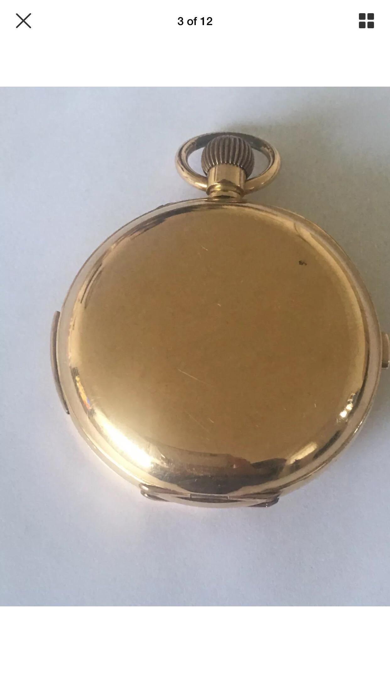 This stunning quarter repeater and chronograph pocket watch is in good working condition and it is ticking well. The metal ring or Loop is a bit tarnished.