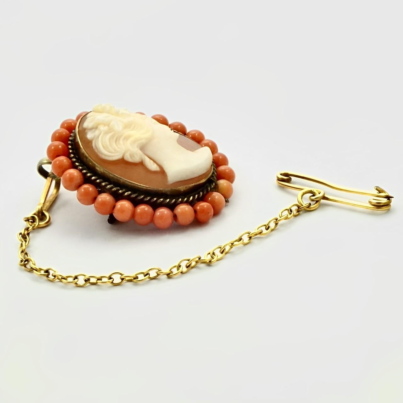 Women's or Men's Antique Gold Plated Shell Cameo Brooch with Coral Bead Surround For Sale