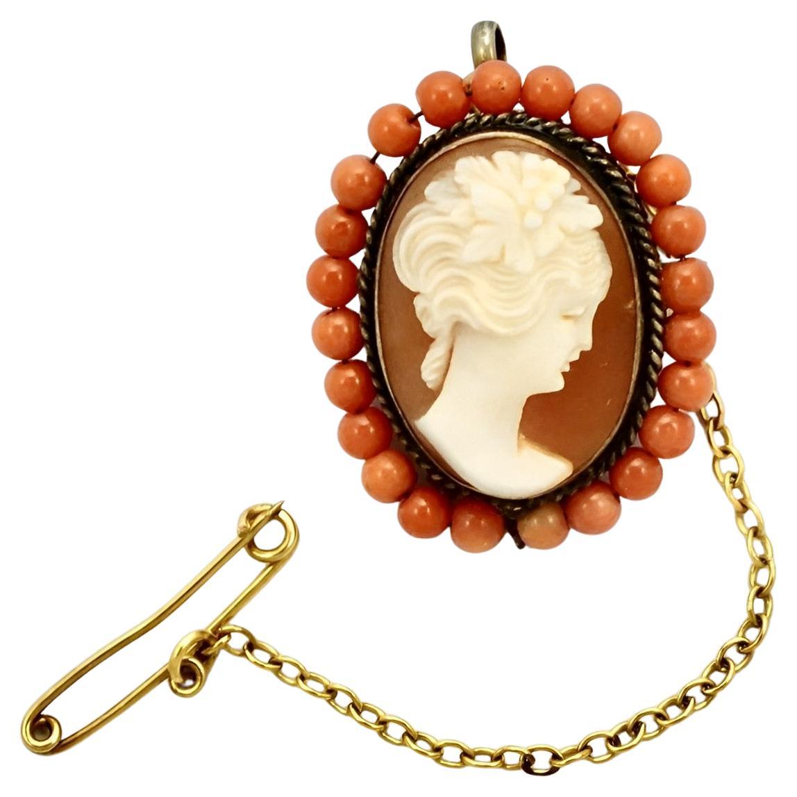 Antique Gold Plated Shell Cameo Brooch with Coral Bead Surround For Sale