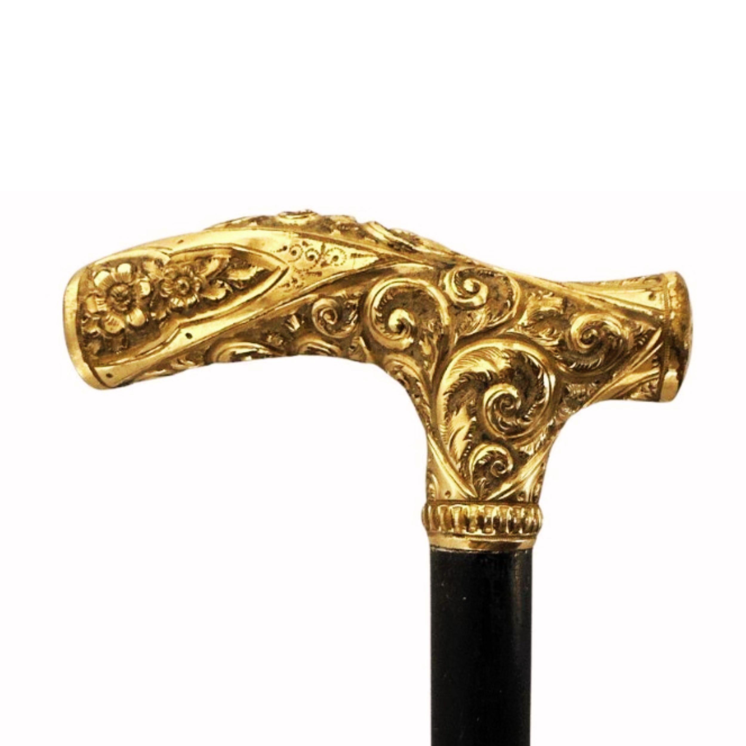 Women's or Men's Antique Gold Plated Walking Stick Cane for Men 1800C with Fritz Style Handle For Sale